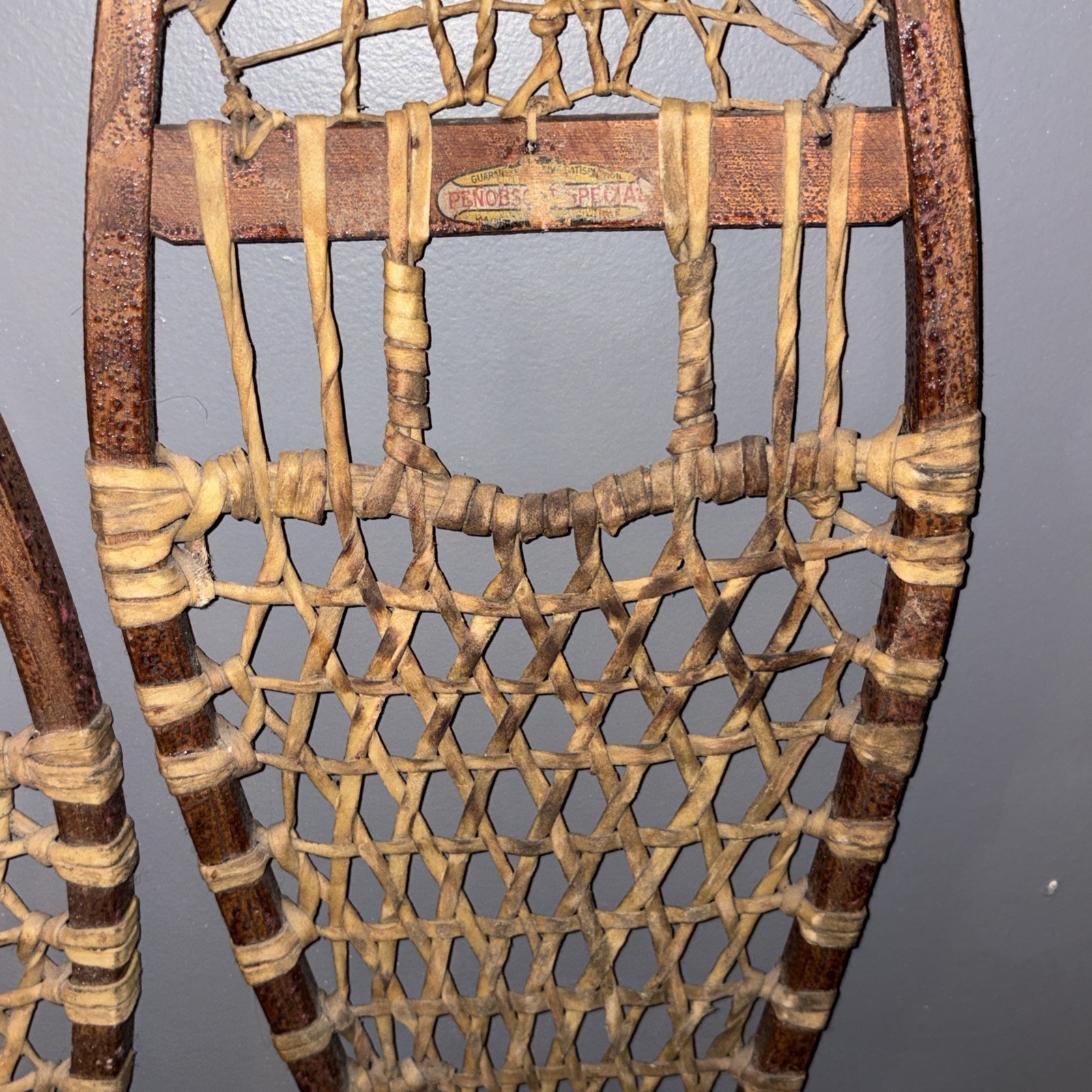 NICE PAIR OF ANTIQUE WOOD WOODEN SNOWSHOES PENOBSCOT SPECIALS MAINE