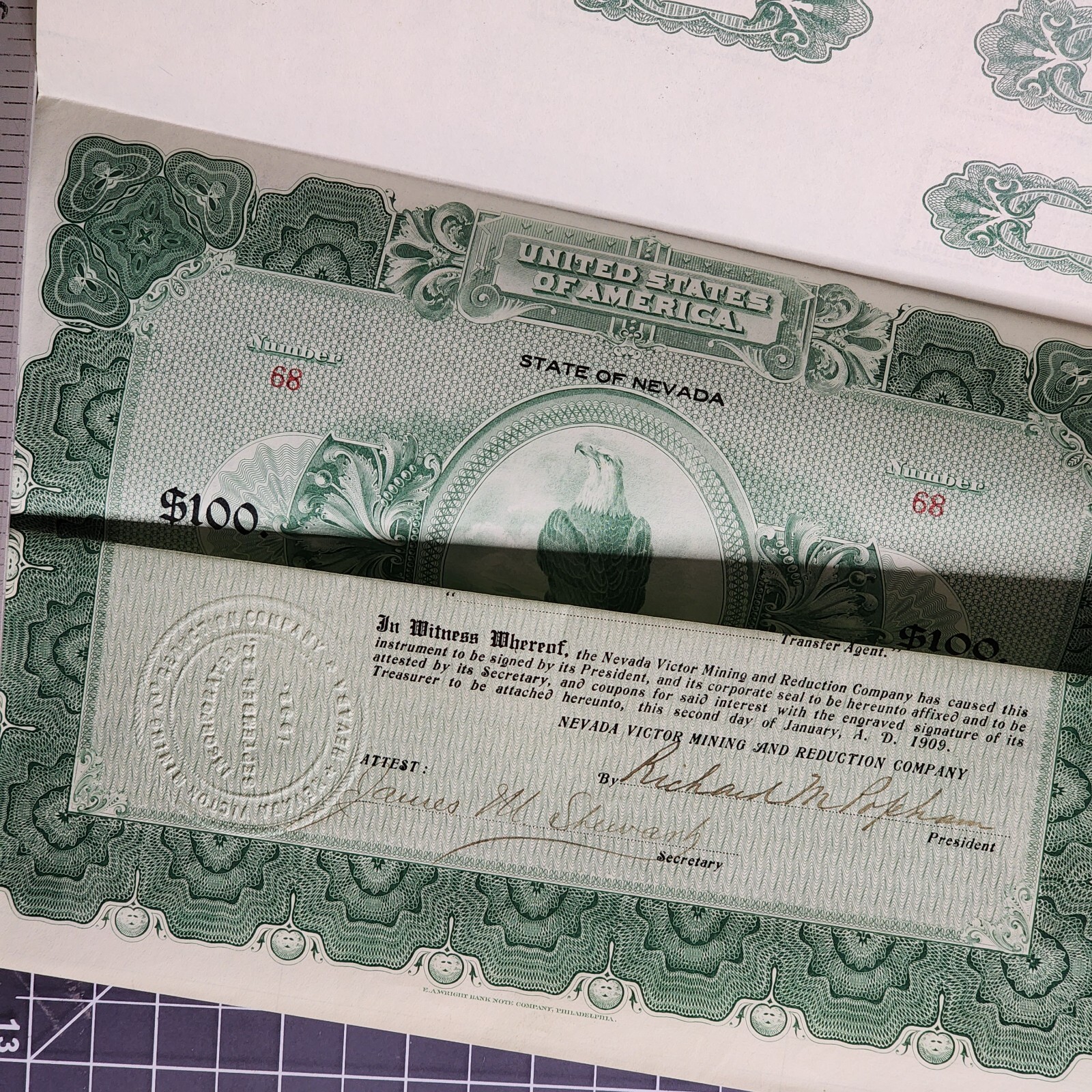 Nevada Victor Mining Reduction Co. Gold Coupon Bond 1908 First Mortgage #68