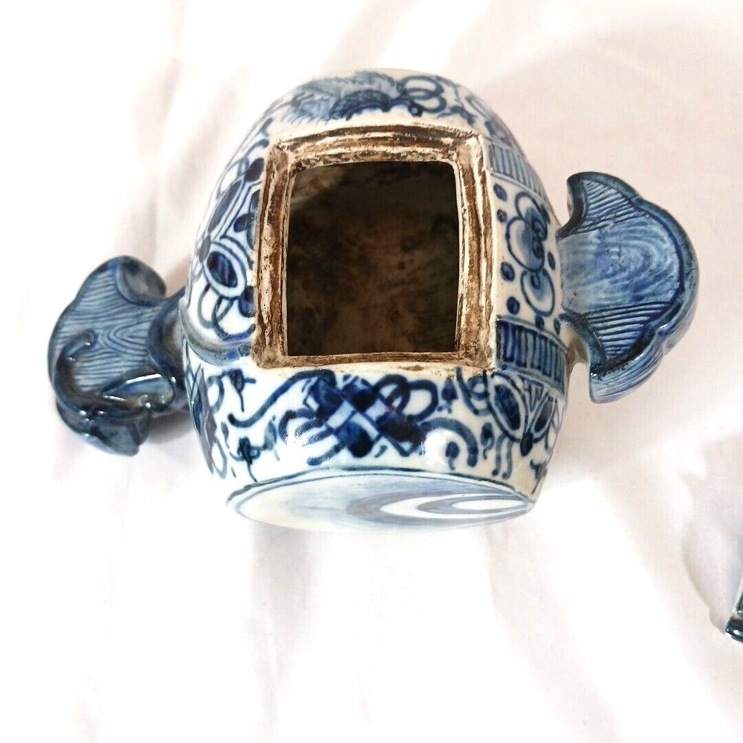 Antique Chinese Blue White Porcelain Mouse Incense Burner Box Signed REPAIR