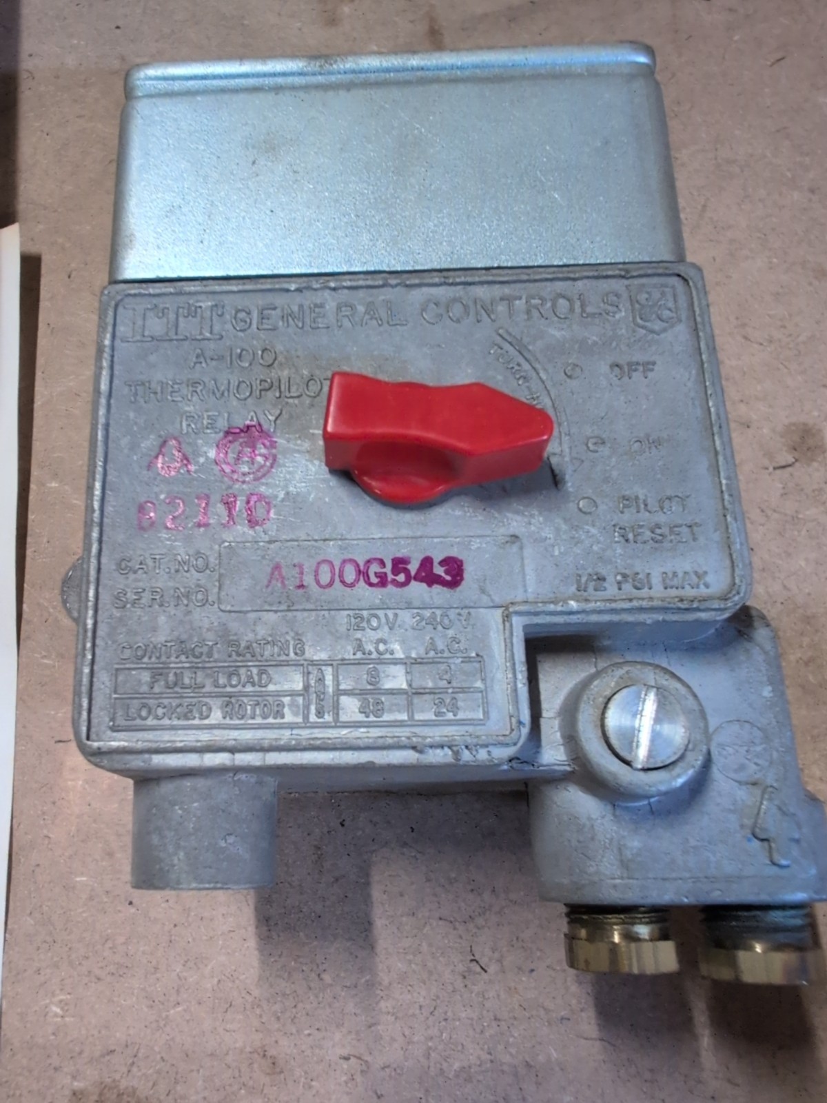 ITT General Controls, Thermopilot Relay, Manual Reset, SPST, A100G543