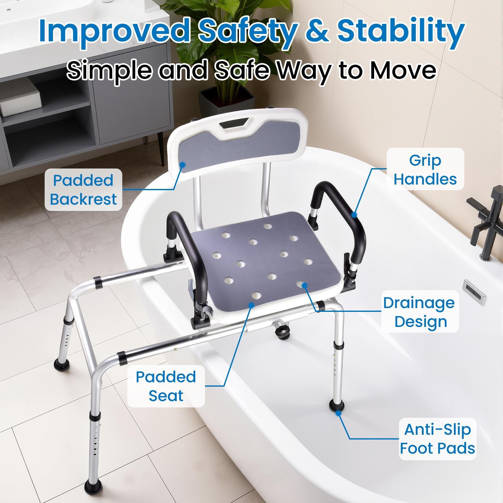 Sliding Tub Transfer Bench Shower Chair w/ 360 Degree Swivel Seat 220LBS