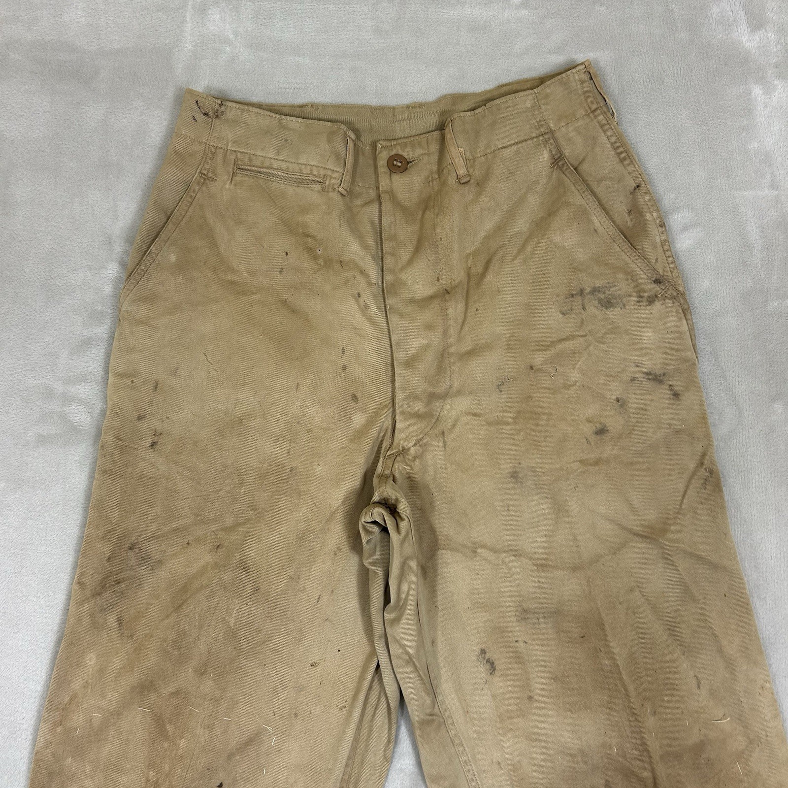 Vintage 1940s WW2 US Army Khaki Chino Cotton Uniform Pant 28x31 Button fly