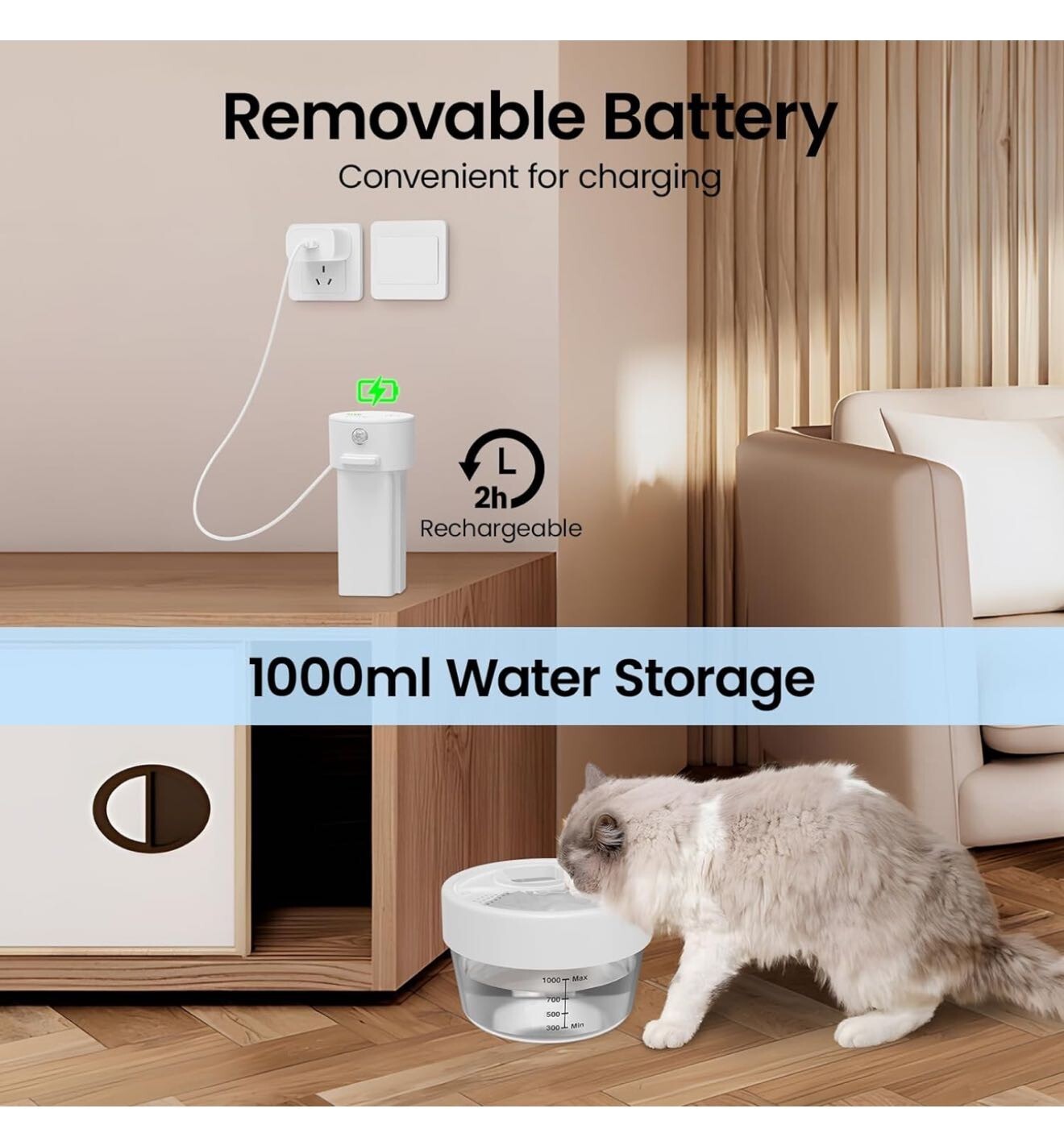 Cat Water Fountain, Battery Operated Water Fountains for Cats Indoor - 1L Wirele