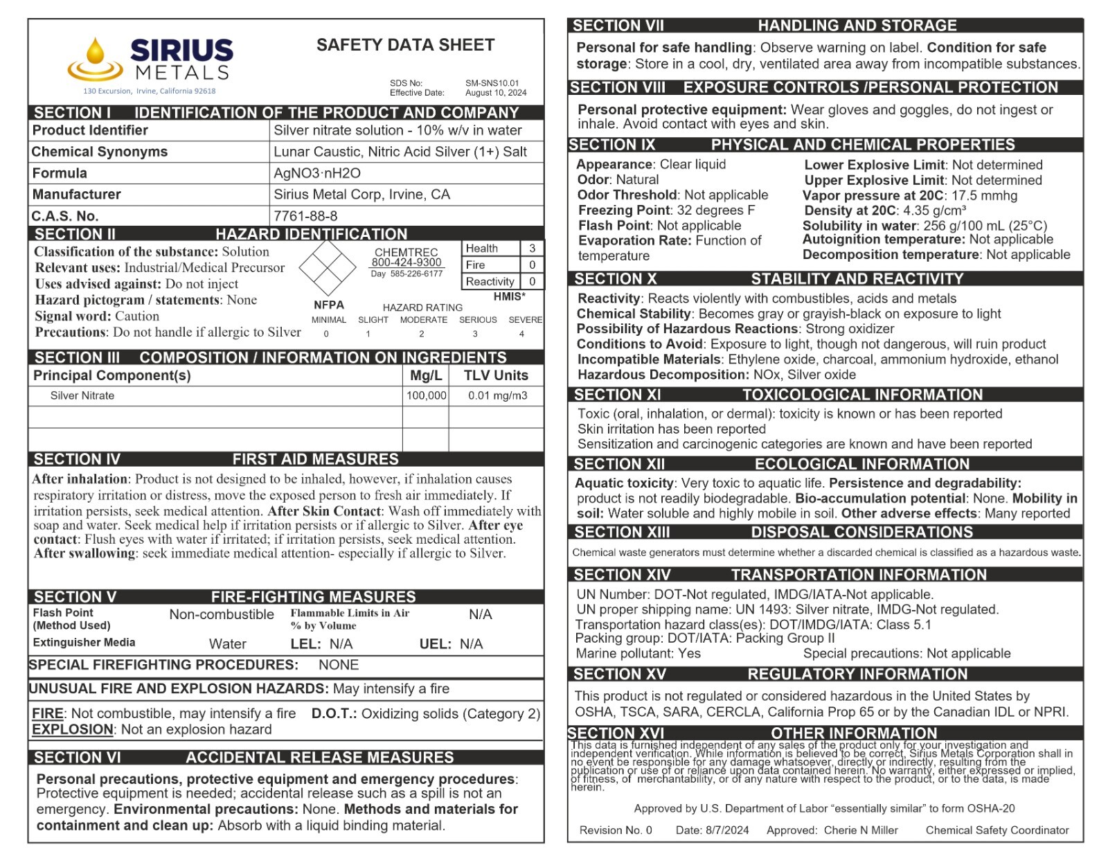 Silver Nitrate Solution (CAS# 7761-88-8) - 1.0% as AgNO3, 0.635% as Ag - 100 mL