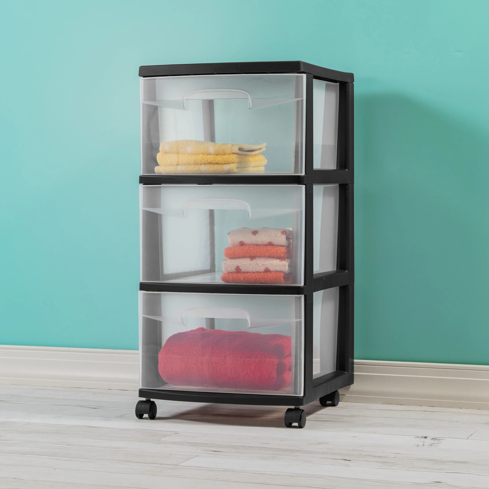 3 Drawer Medium Cart, Clear Plastic Storage Drawers, Wheels Included, Black