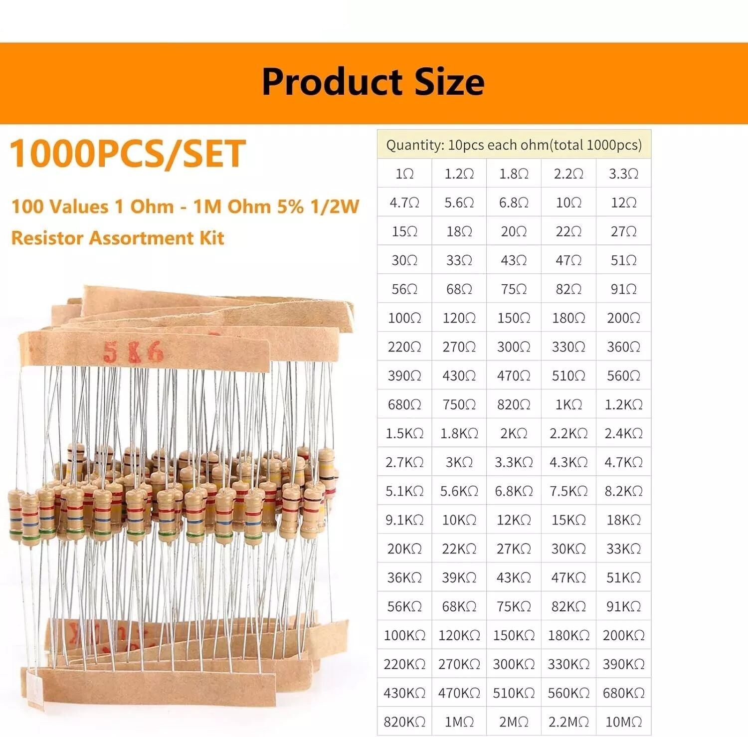 1000pcs 100 Values Resistor Kit 1/2 Watt Resistors Kit Resistors Assortment kits