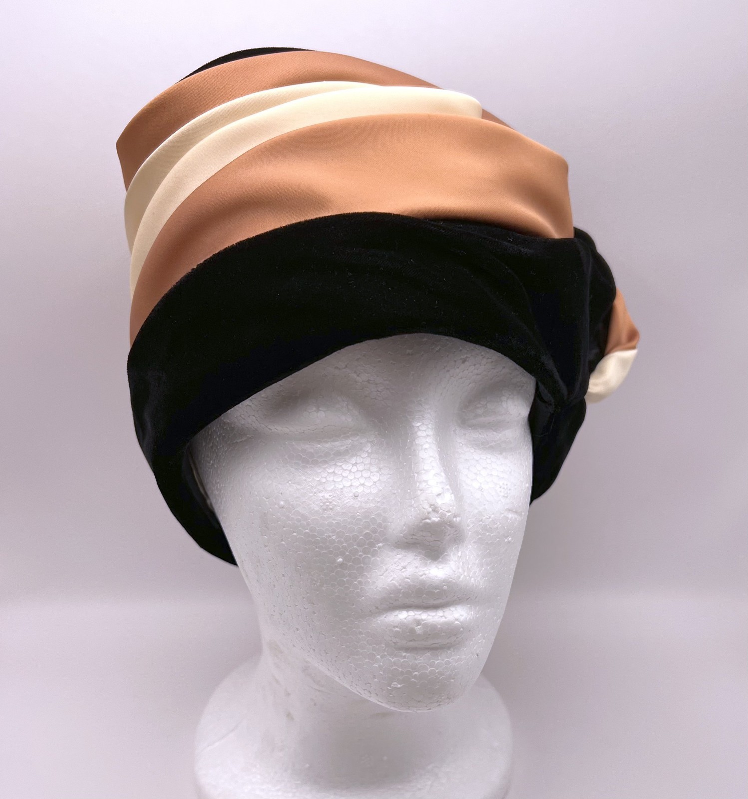 Vintage Shari Creations Turban Hat Black Velvet Cream Copper Satin USA Union