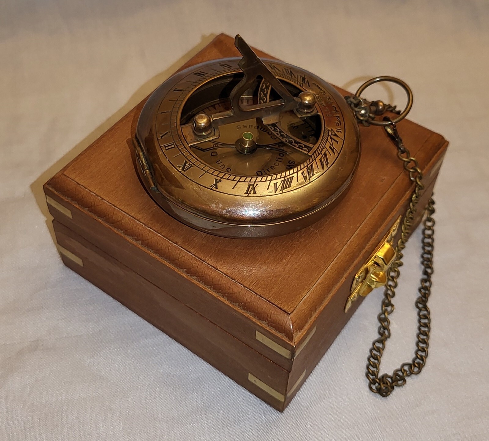 Sun Dial Pocket Watch Brass Compass Chain Antique Old Gold Lustre Wooden Box UK