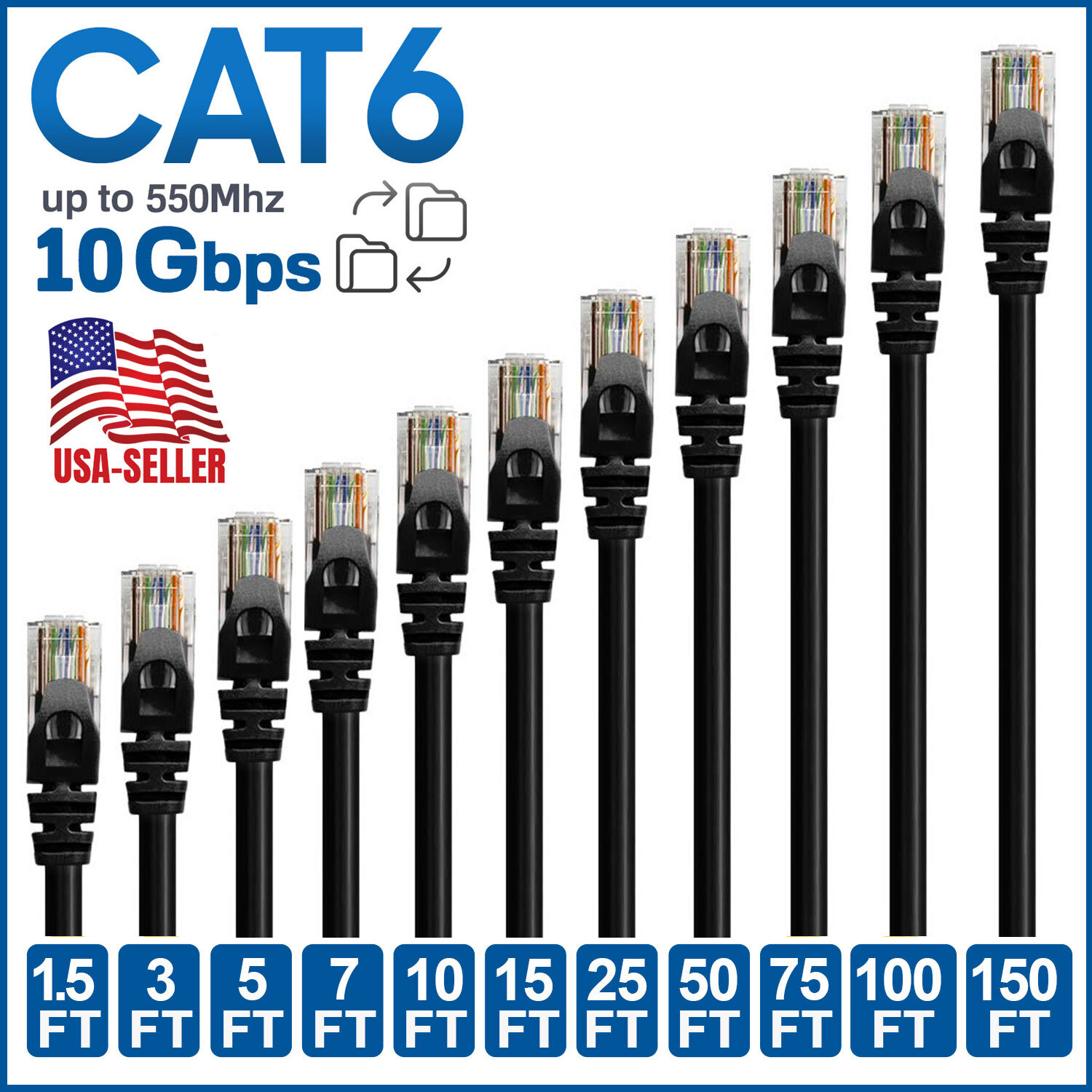 CAT6 CAT 6 Ethernet Cable Lan Network RJ45 Internet Router Black Patch Cord LOT