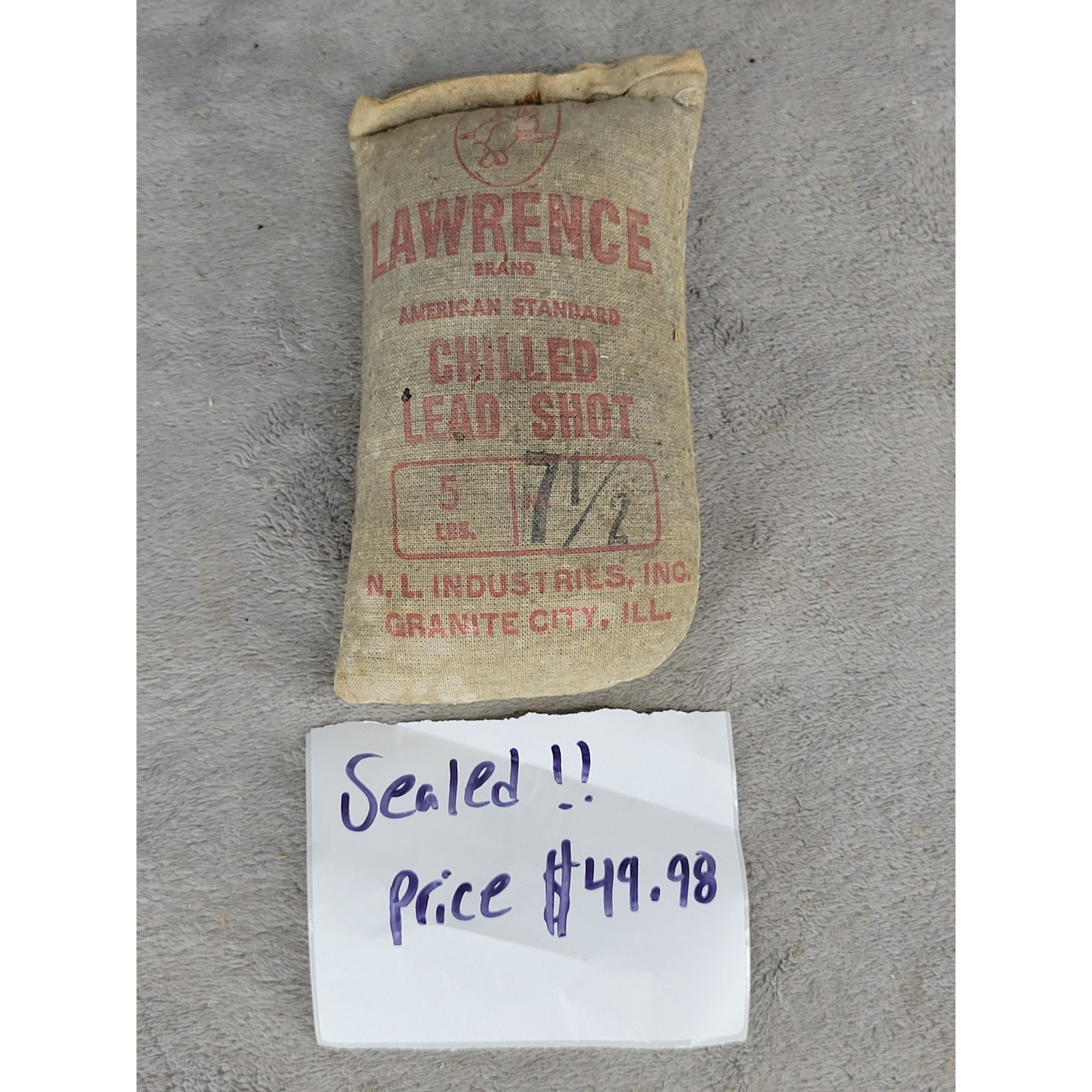 Vintage Lawrence Brand Chilled Lead Shot 7 5lb Sealed Burlap Bag NL Industries