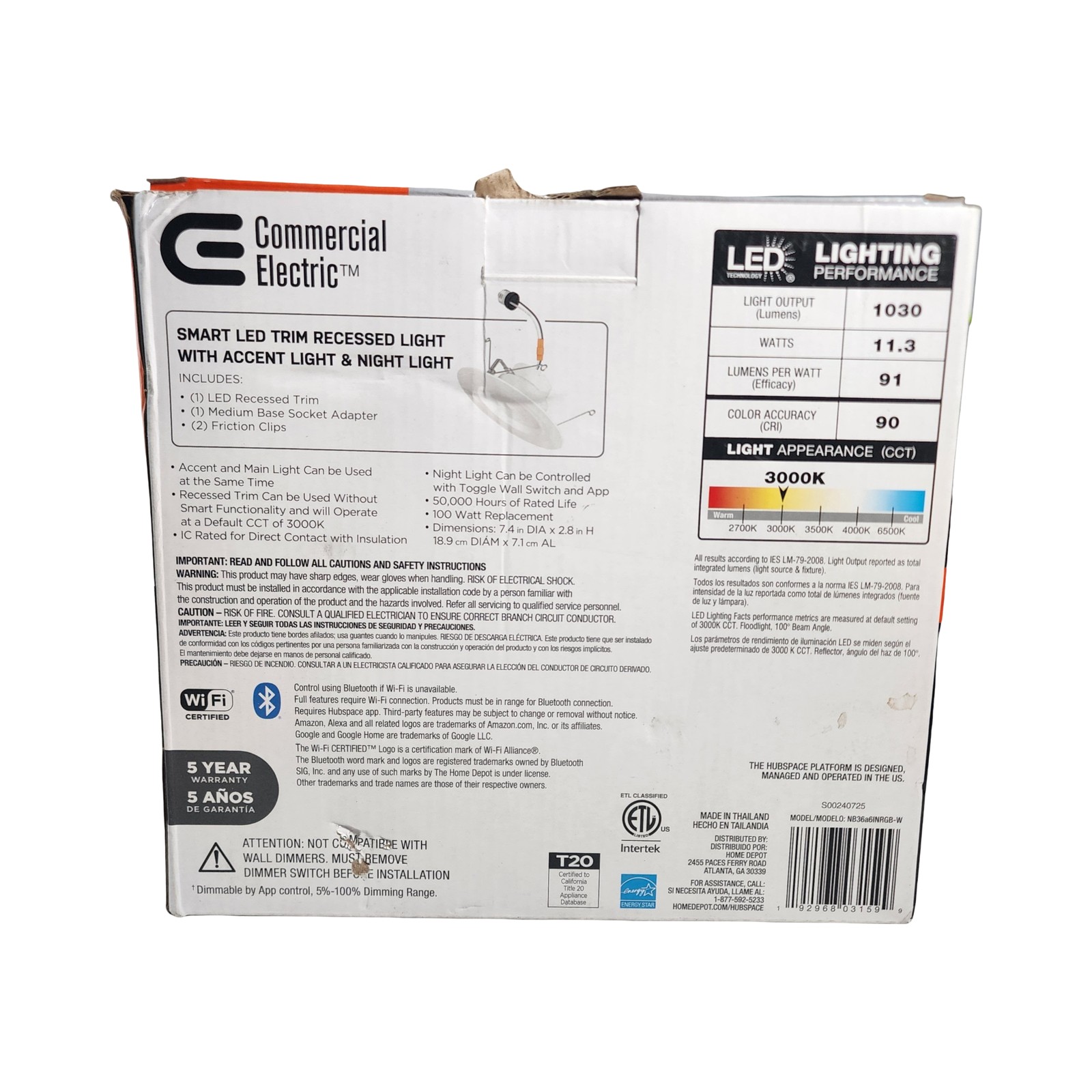 Commercial Electric Hubspace Smart LED Recessed Light 5/6in RGBW Dimmable Alexa