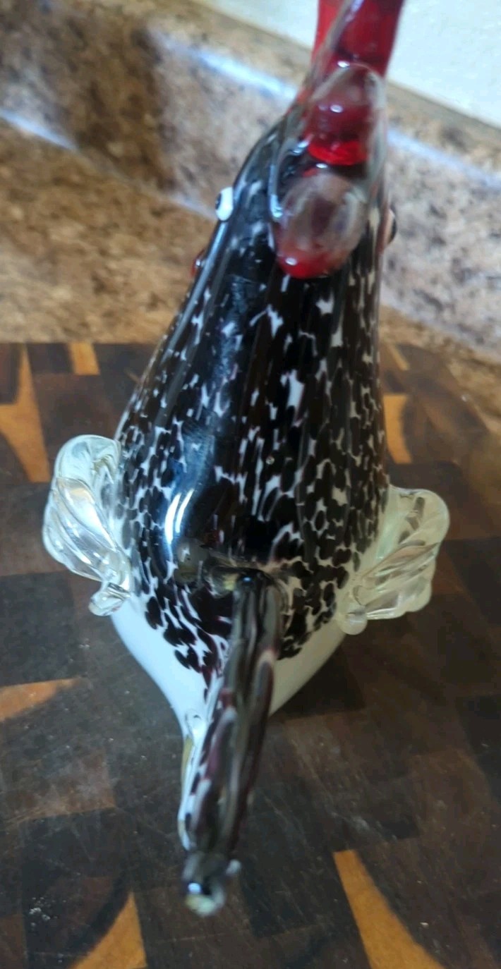 Black White Red Art Glass Heavy Rooster Bird Figurine Farm Decor Paperweight