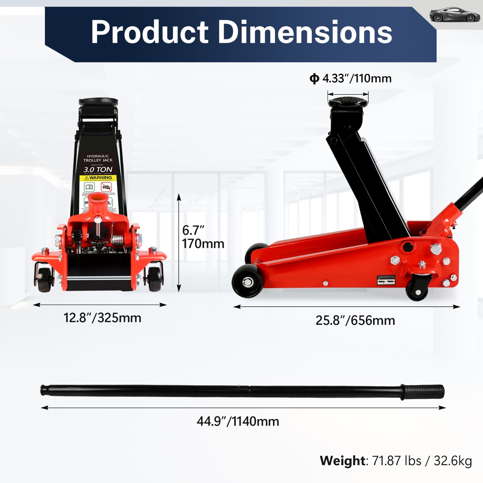 3 Ton Hydraulic Floor Jack with Single Quick Lift Piston Pump,Red