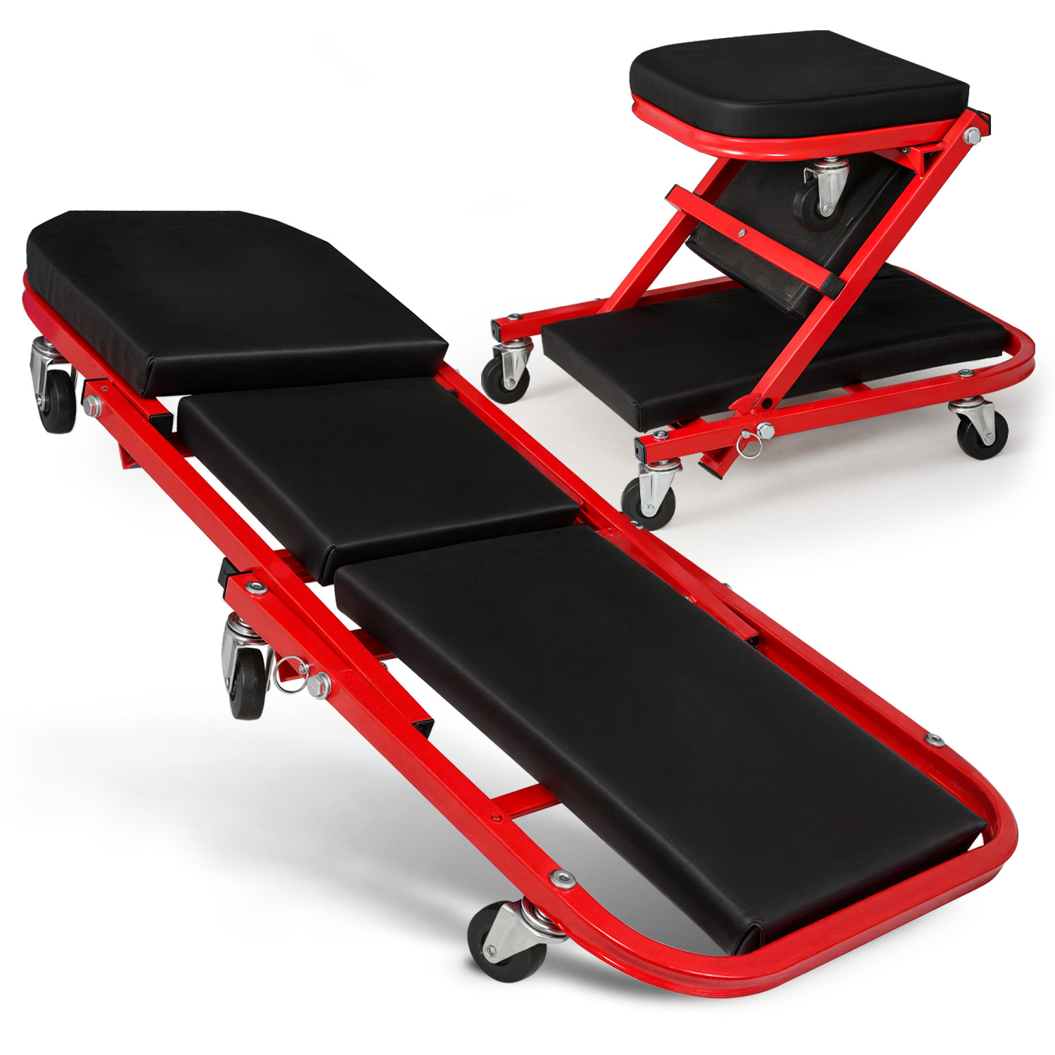 36" Red[FOLDABLE CREEPER+UPHOLSTERED SEAT]Rolling Mechanic Vehicle Repair Stool