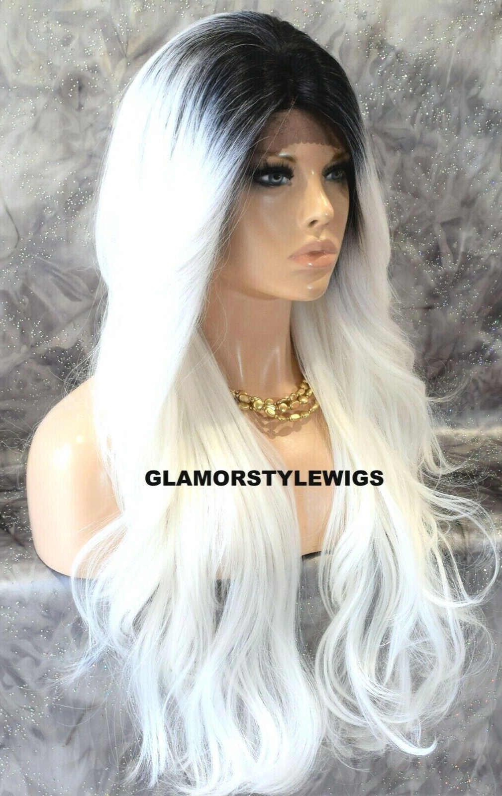 LACE FRONT FULL WIG LONG WAVY LAYERED OMBRE OFF BLACK WHITE MIX HEAT OK NWT