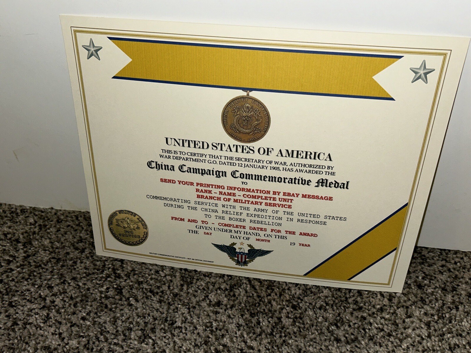 CHINA CAMPAIGN (ARMY) COMMEMORATIVE MEDAL CERTIFICATE ~ W/PRINTING TYPE-1