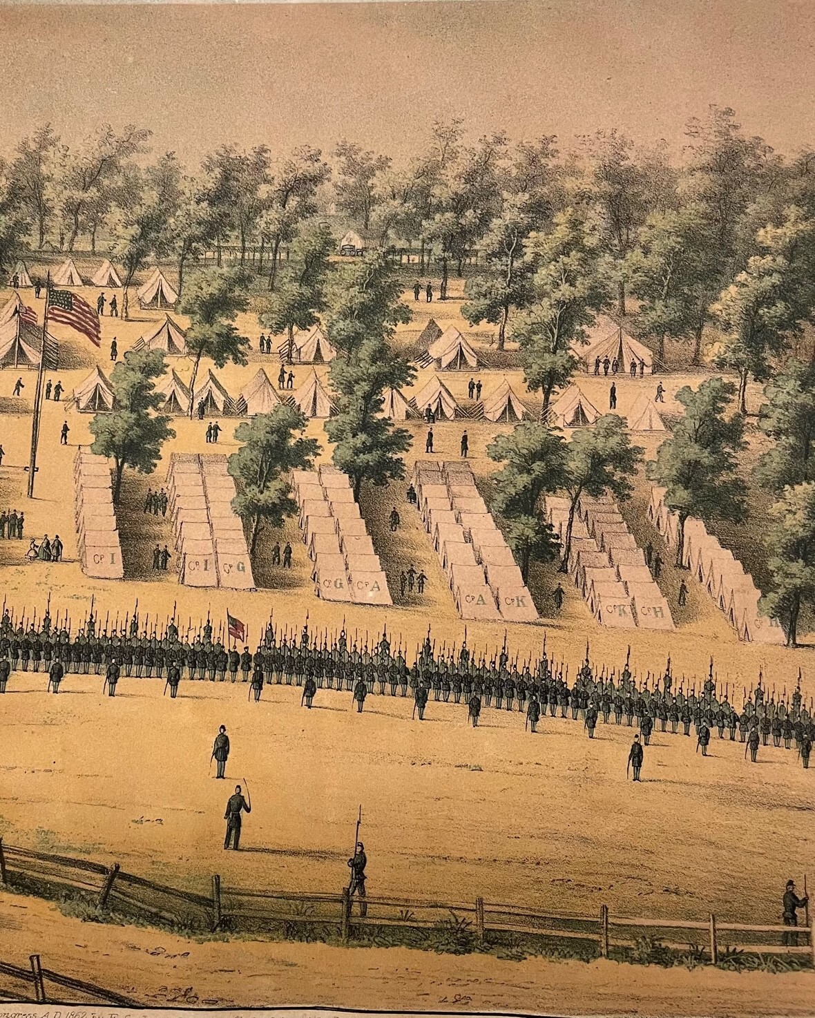 Antique 1862 CAMP BELGER CIVIL WAR Encampment SACHSE Lithograph - Currier School