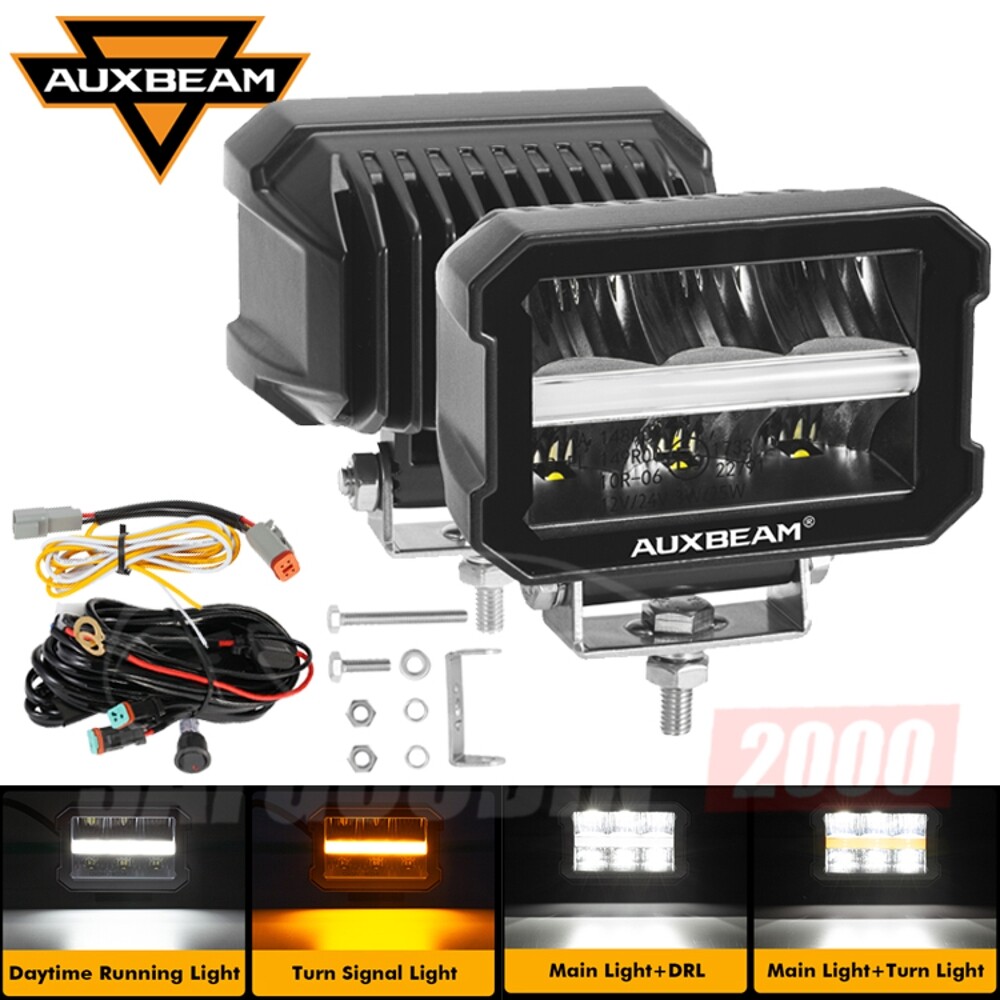 Auxbeam 4.5In LED Driving Light Pods White DRL/Amber Turn Signal Light &Harness