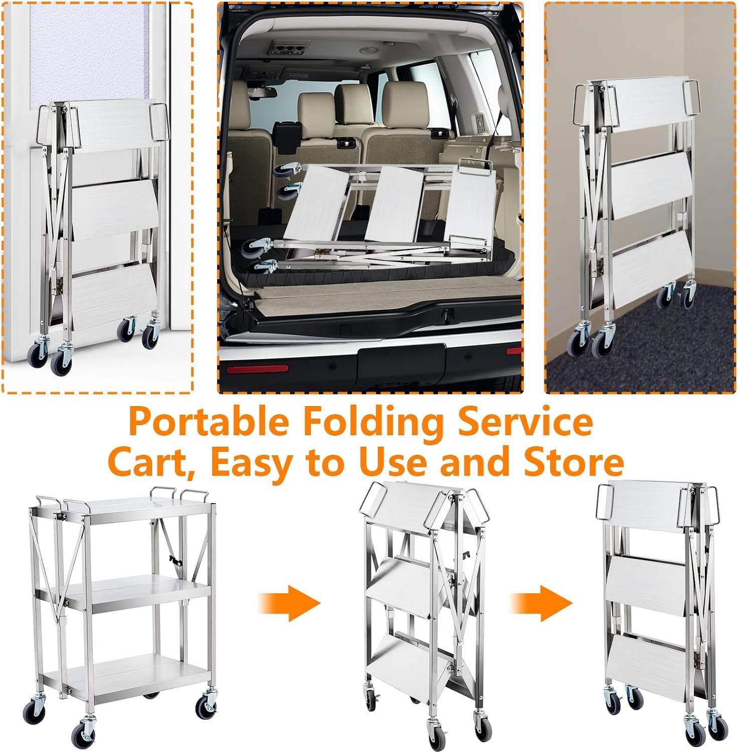 Foldable Service Cart Utility Service Cart w/ 360°Wheels 400 LBS Load Capacity