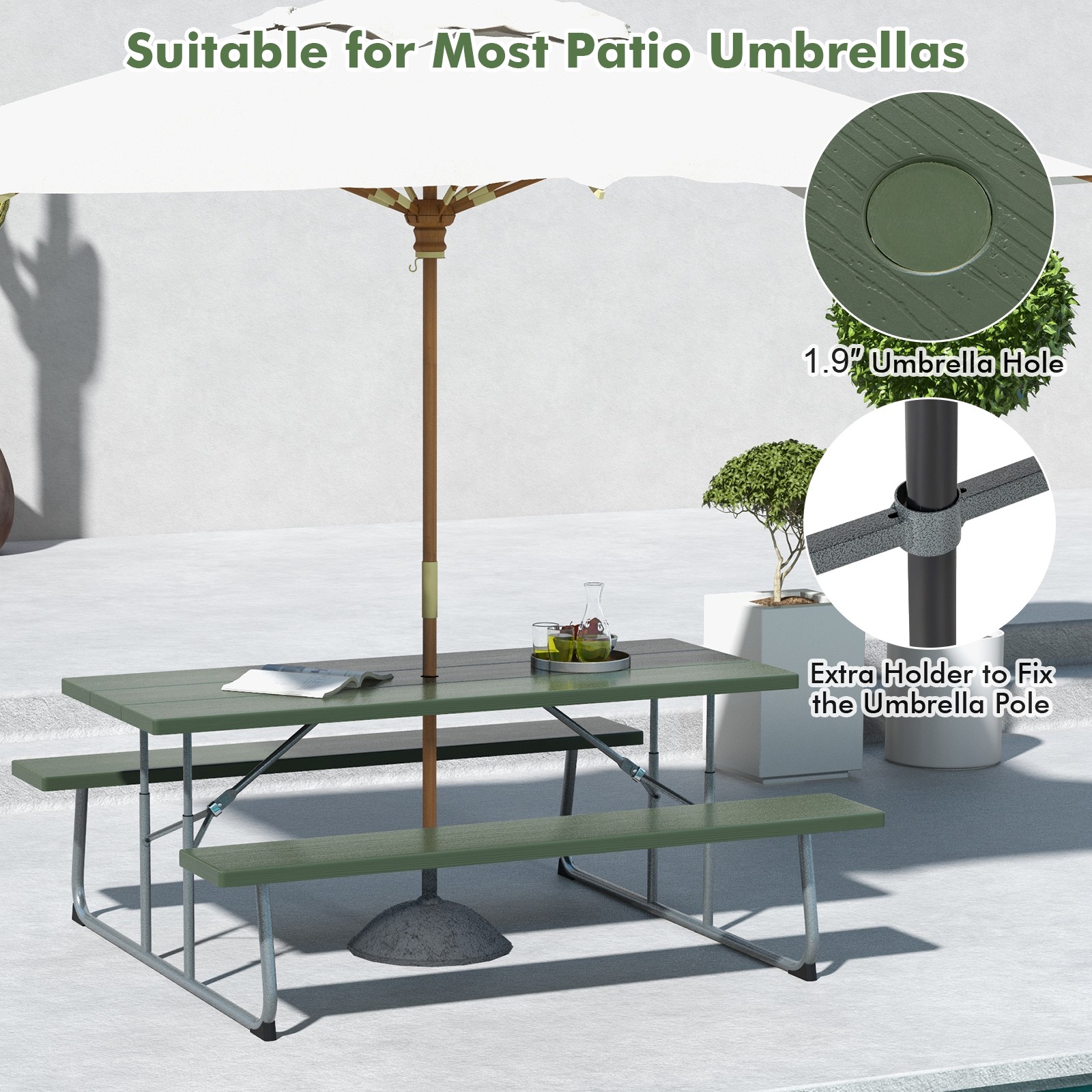 Folding Picnic Table w/ 2 Benches All Weather Wood-like Tabletop Umbrella Hole
