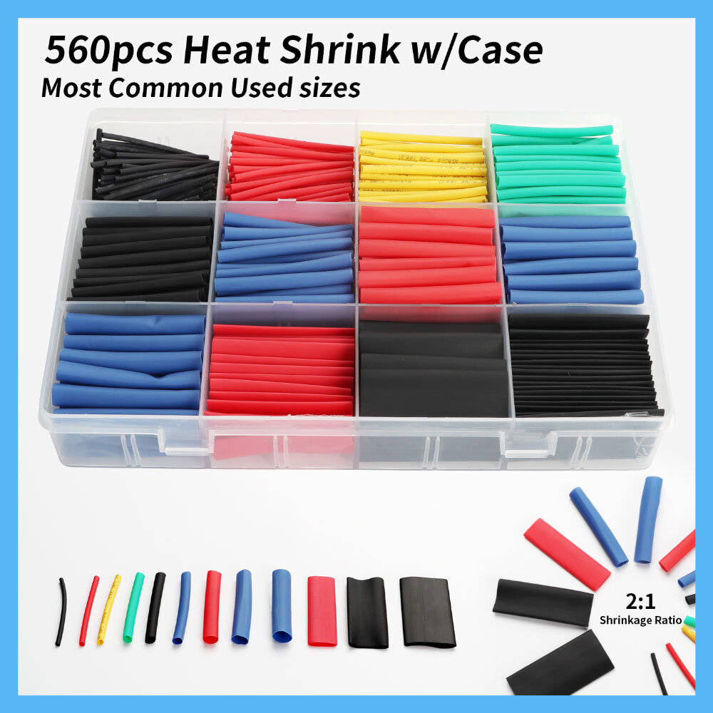 560 PCS. 2:1 HEAT SHRINK TUBING TUBE SLEEVING WRAP CABLE WIRE 5 COLORS 12 SIZES