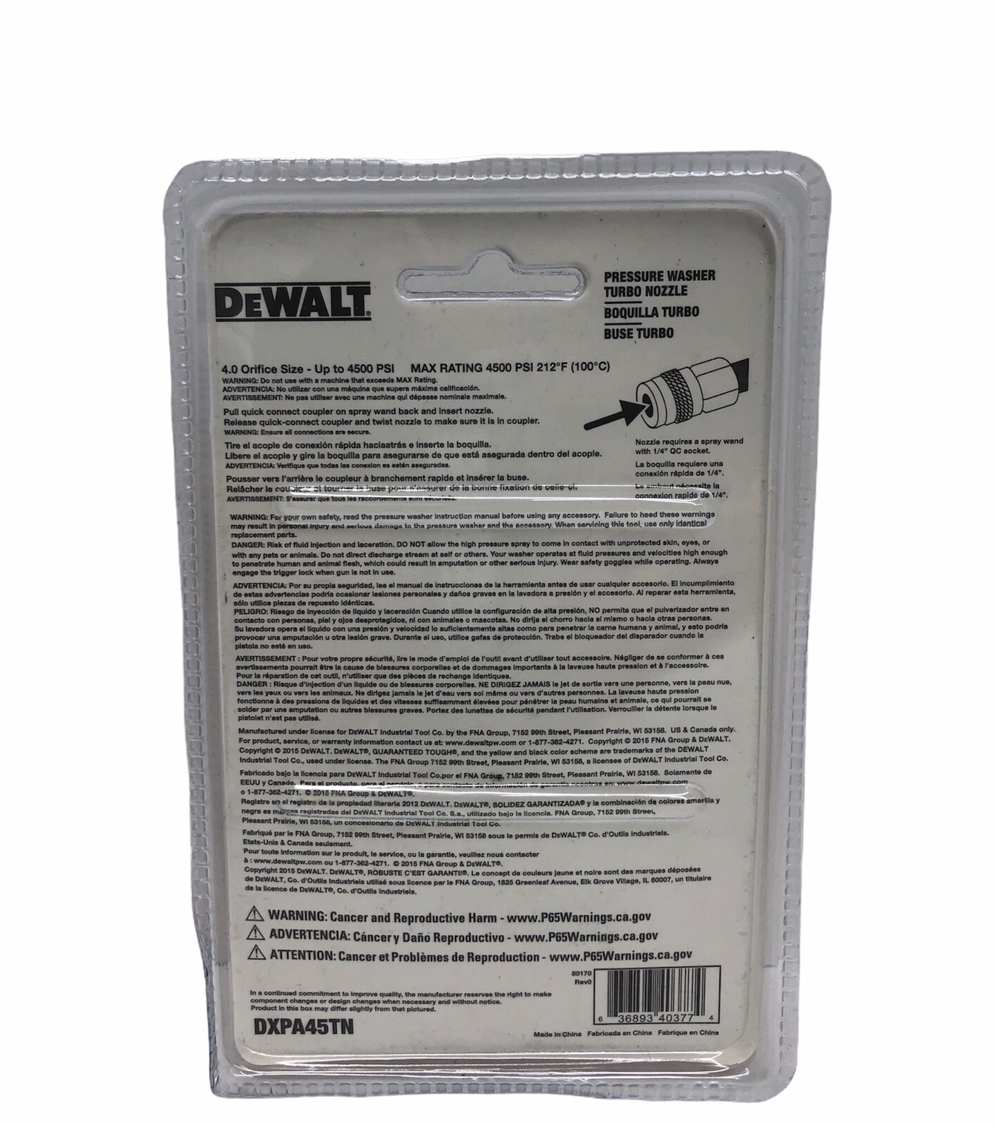Dewalt DXPA45TN 4500 PSI Pressure Washer Turbo Spray Nozzle NEW