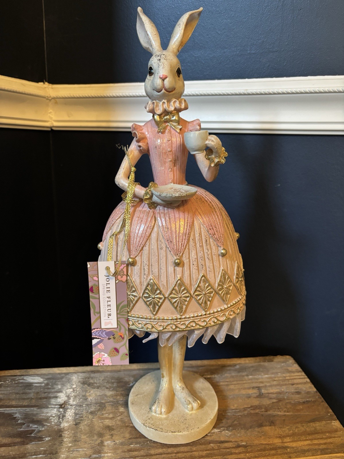 Jolie Fleur Easter Bunny Rabbit Figurine Pink Gold Dress Tea Party Decor NWT