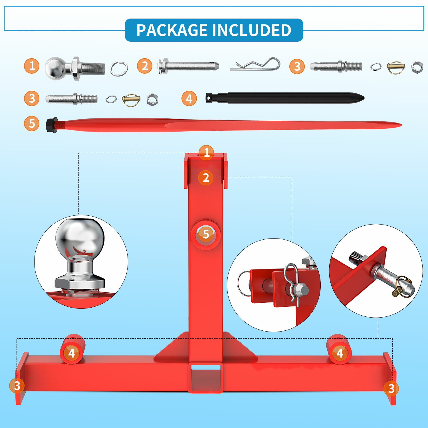 3 Point Hay Bale Spear Trailer Hitch Receiver for Cat 1 Tractors