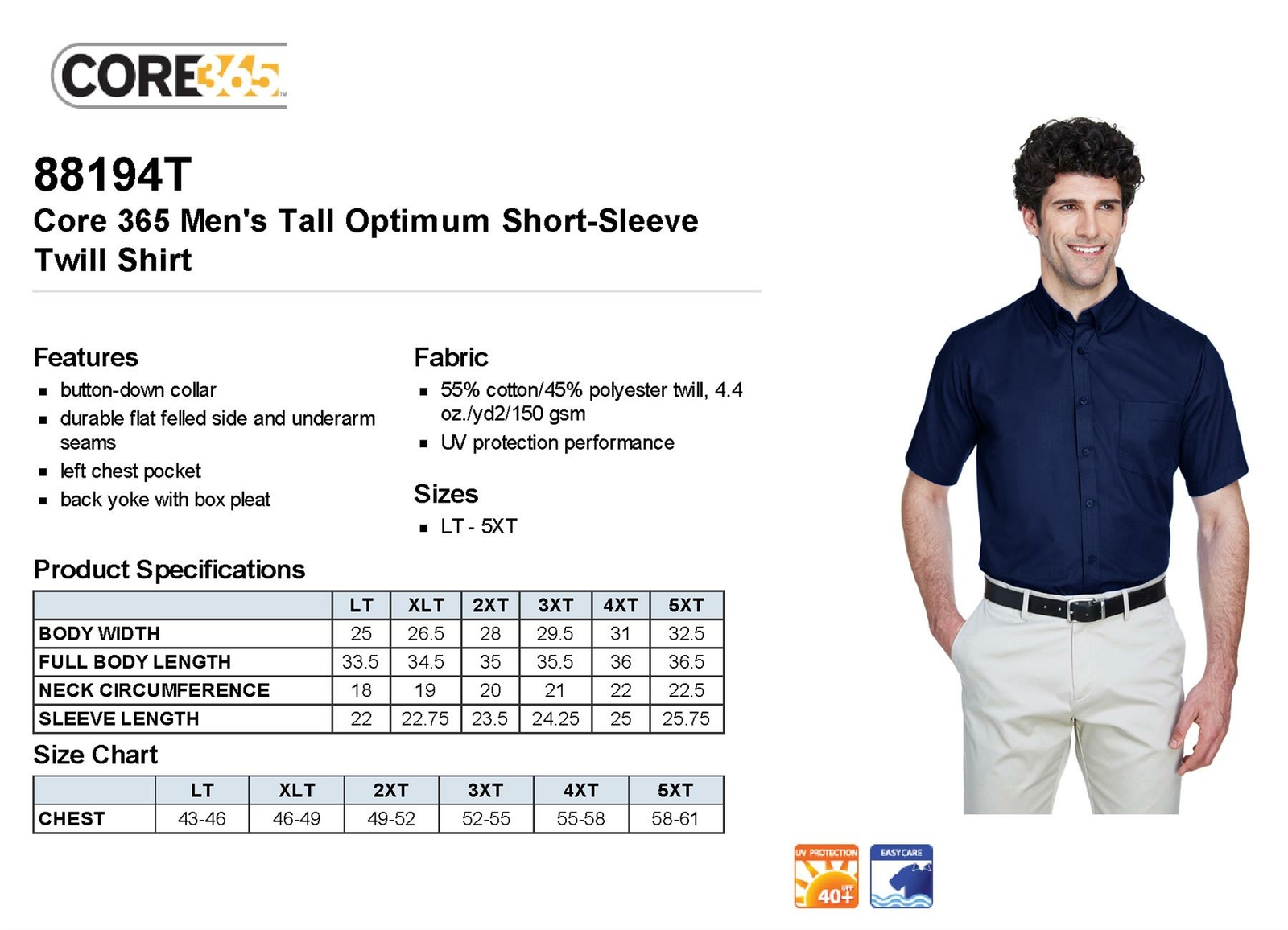 Core 365 Mens Big & Tall Pocket Optimum Short Sleeve Twill Shirt 88194T