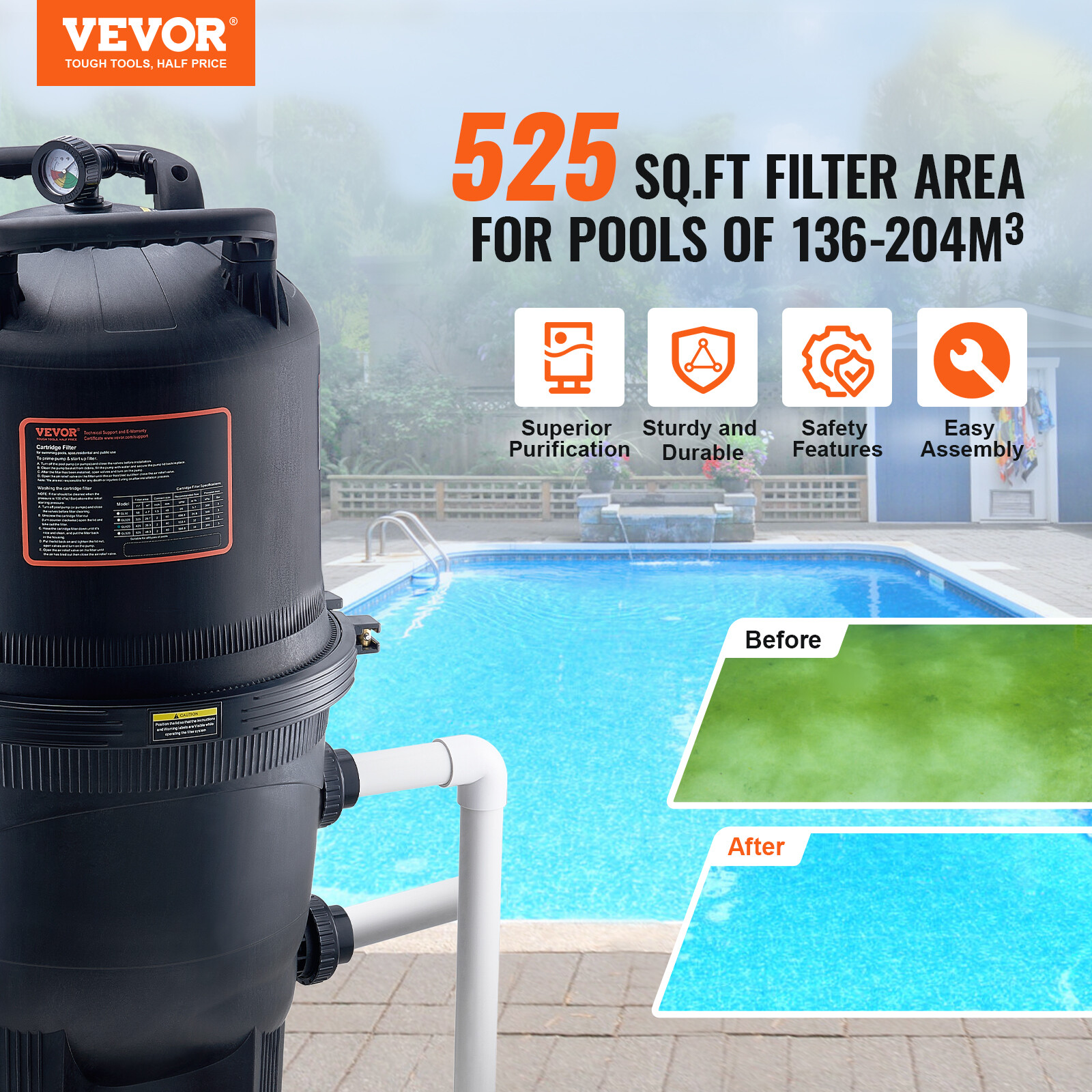 VEVOR Pool Cartridge Filter In/Above Ground Swimming Pool Filtration 525Sq.Ft