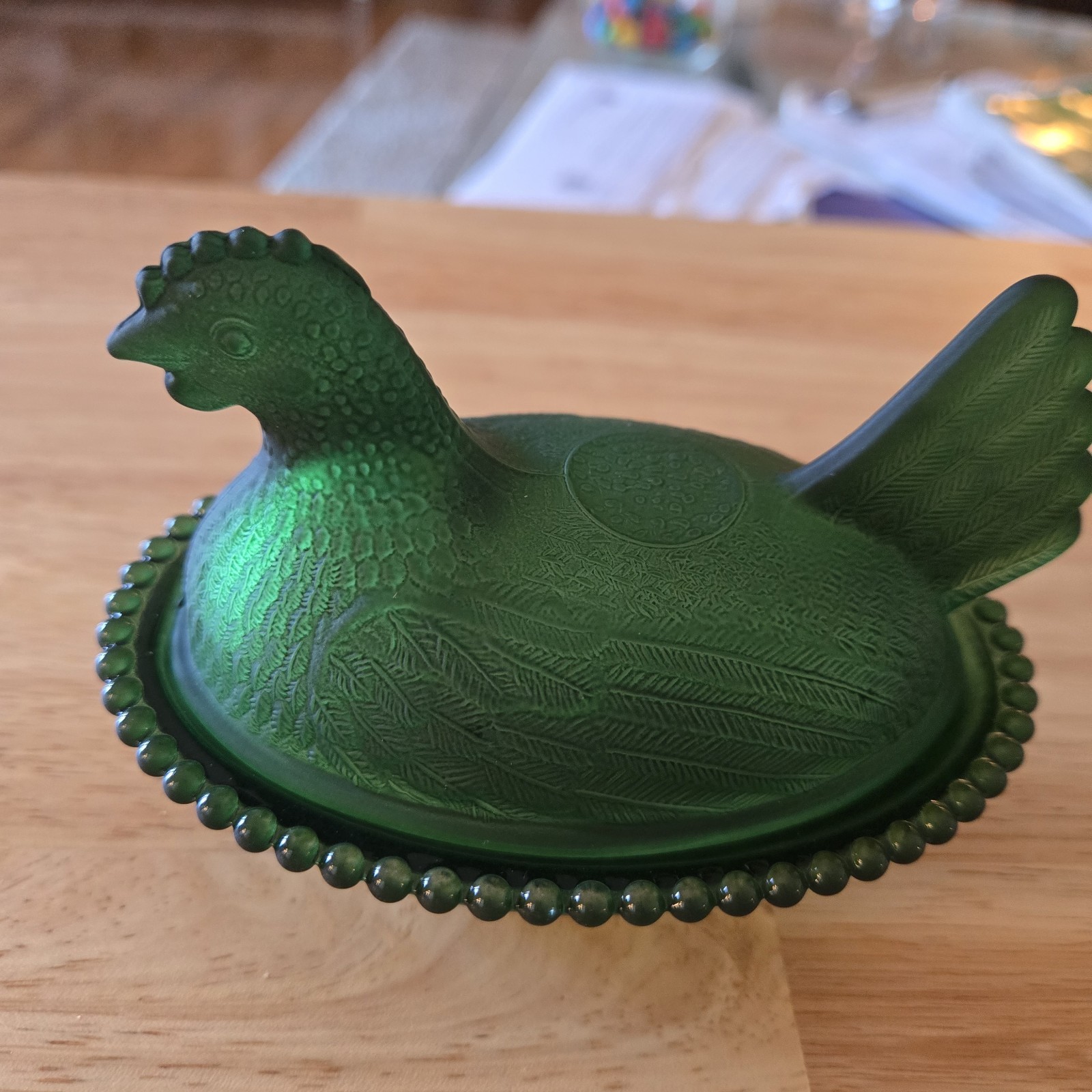 Dark Green Satin Hen on a Nest Measures 5.5 Inches Long