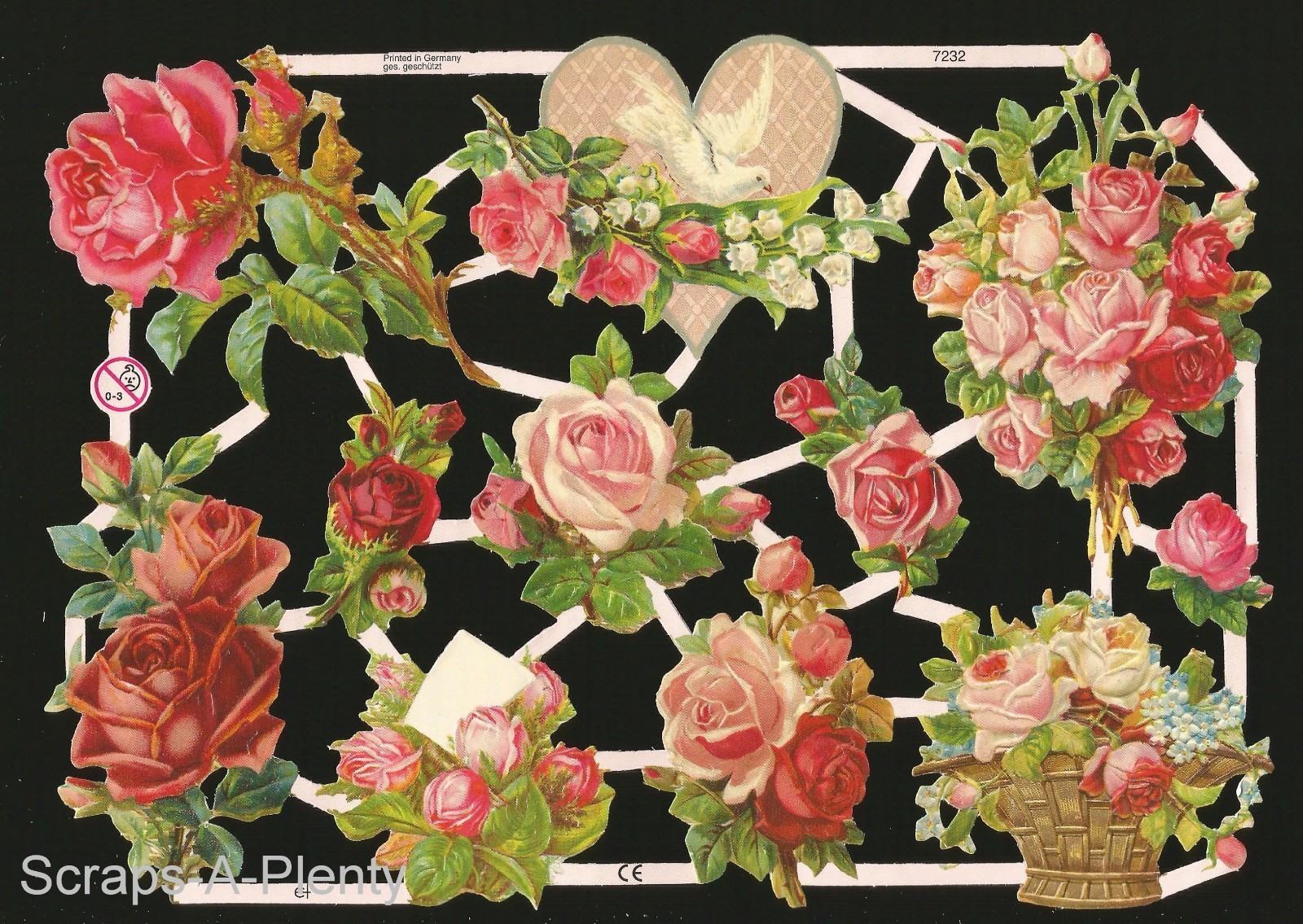 German Embossed Vintage Style Scrap Die Cut- Flower Roses Doves Valentine EF7232