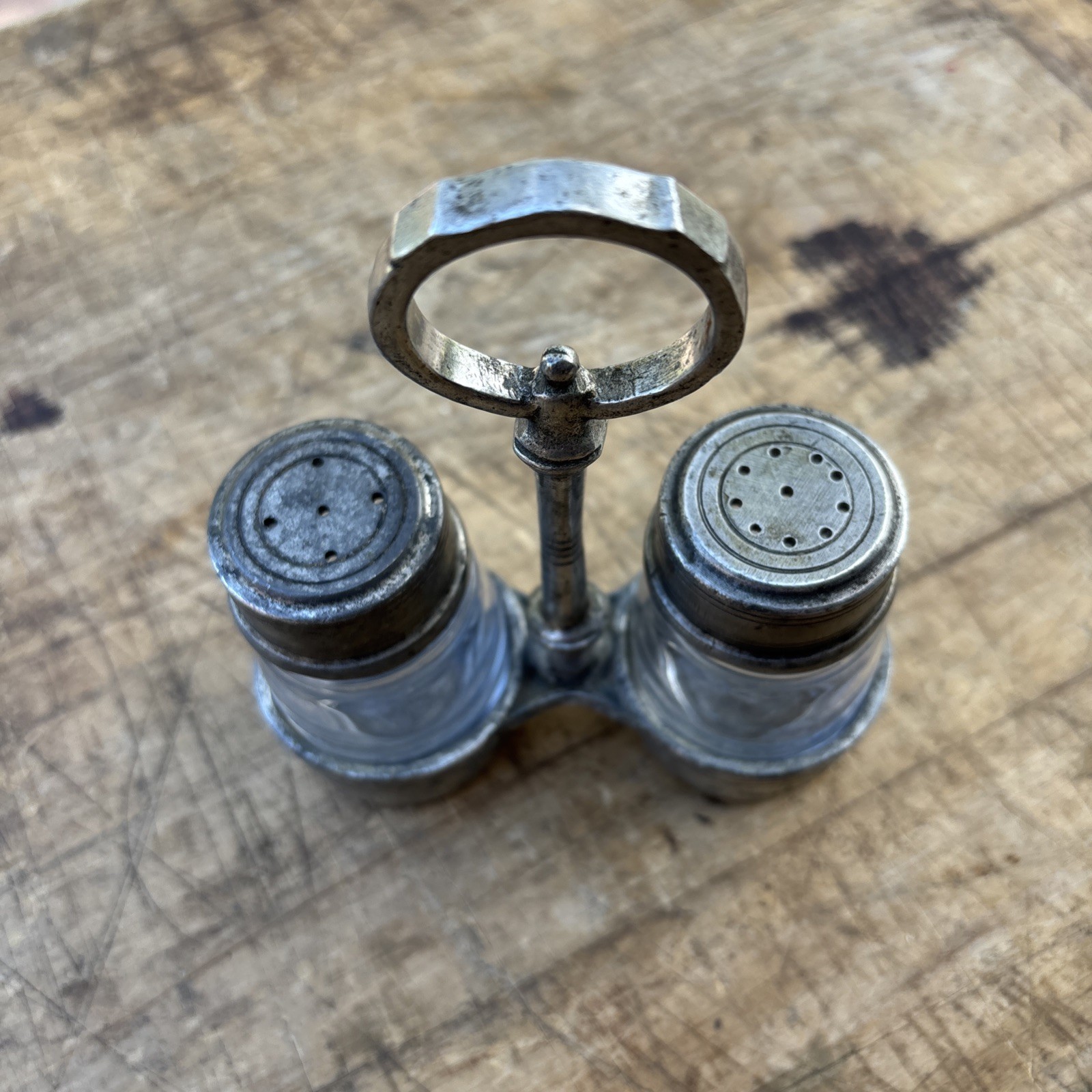 Antique Arte Italica Tavola SM Salt and Pepper with caddy Glass & 95% Pewter