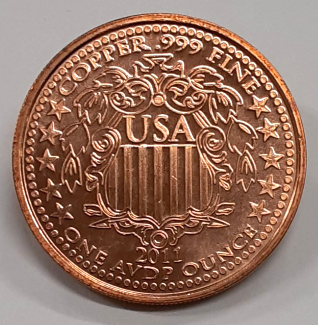 2011 One AVDP Ounce .999 Copper Round w/Buffalo Nickel Reverse Design