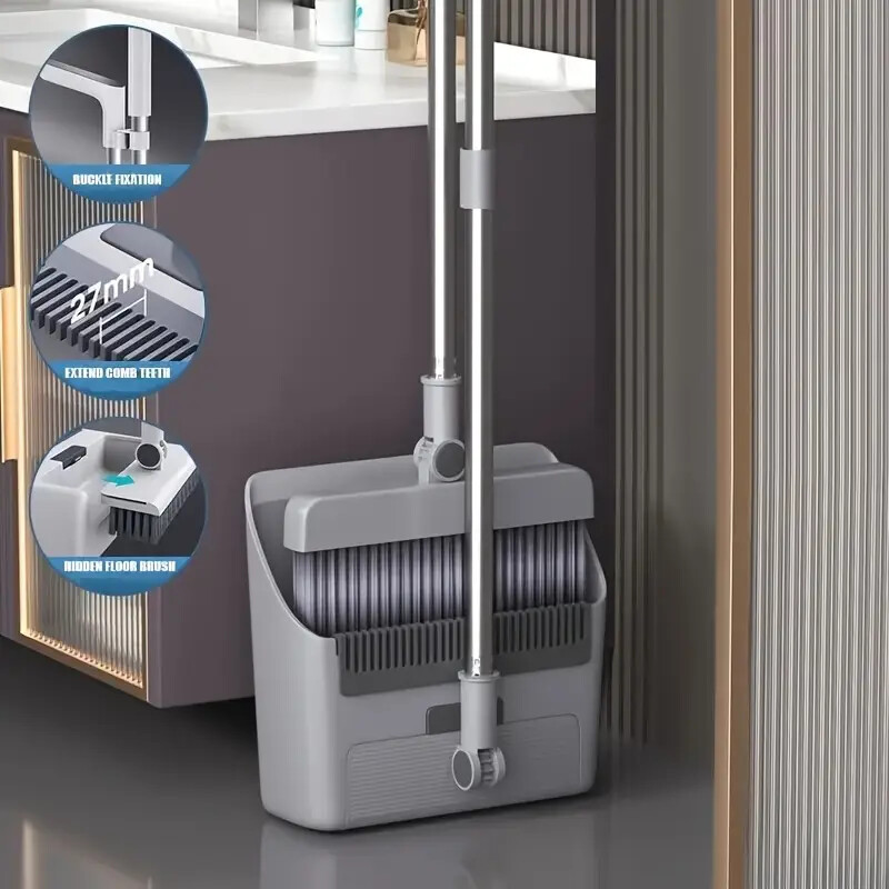 Broom and Dustpan Set Lightweight Upright Lobby Broom and Dust Pan Combo 3-In-1