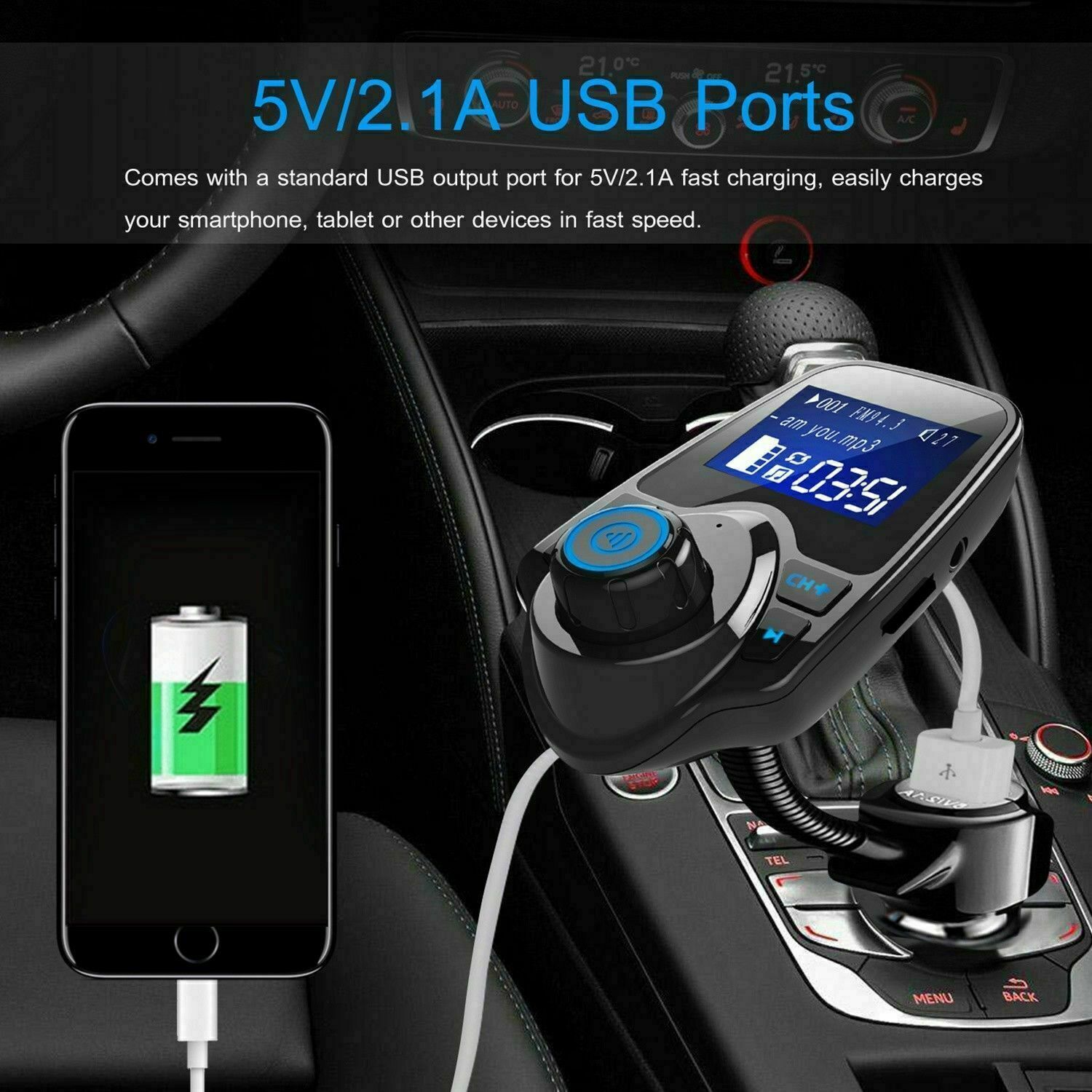 Wireless In-Car Bluetooth FM Transmitter MP3 Radio Adapter Car Kit USB Charger