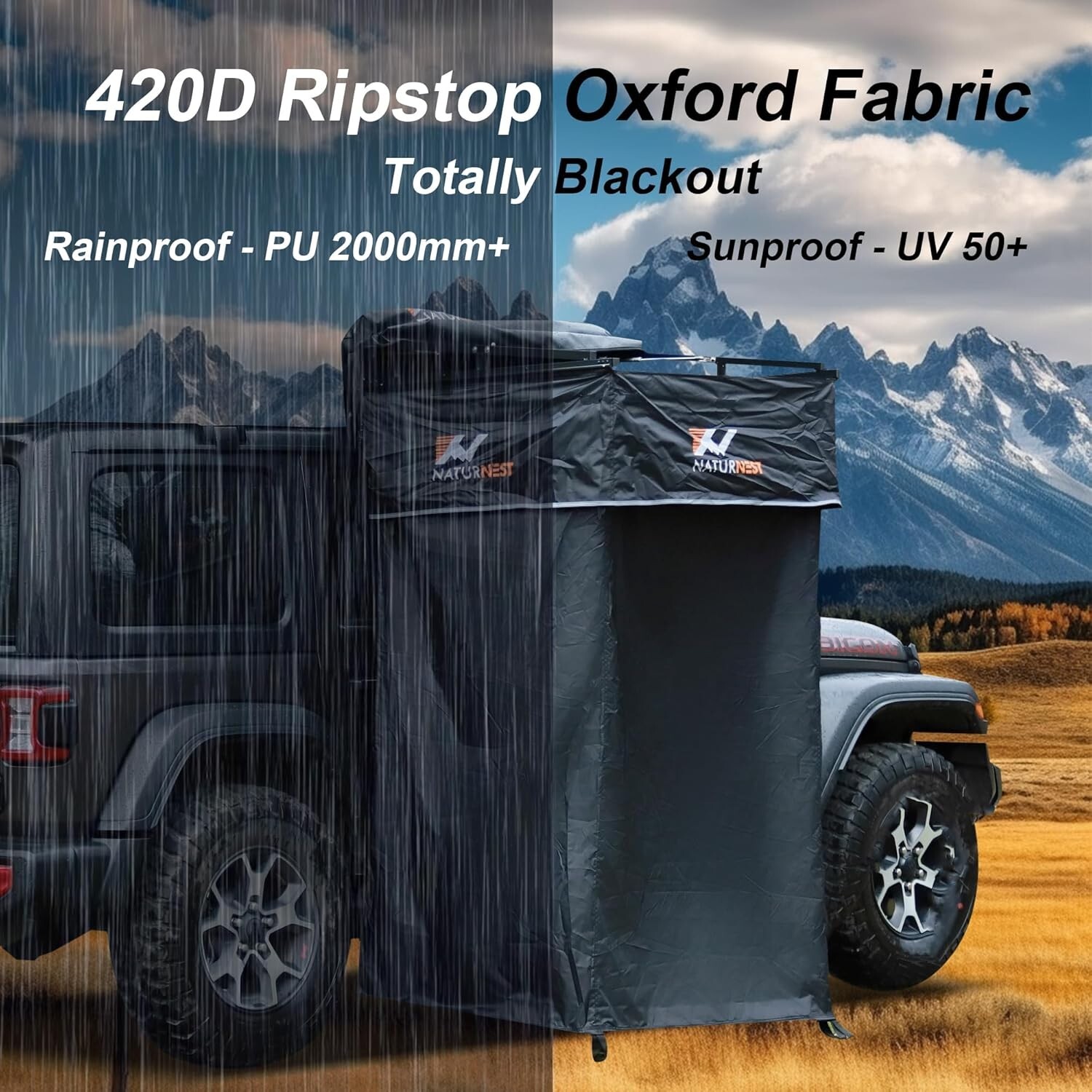 Naturnest Car Camping Shower Tent Overland Shower Awning with Roof LED Floor Mat