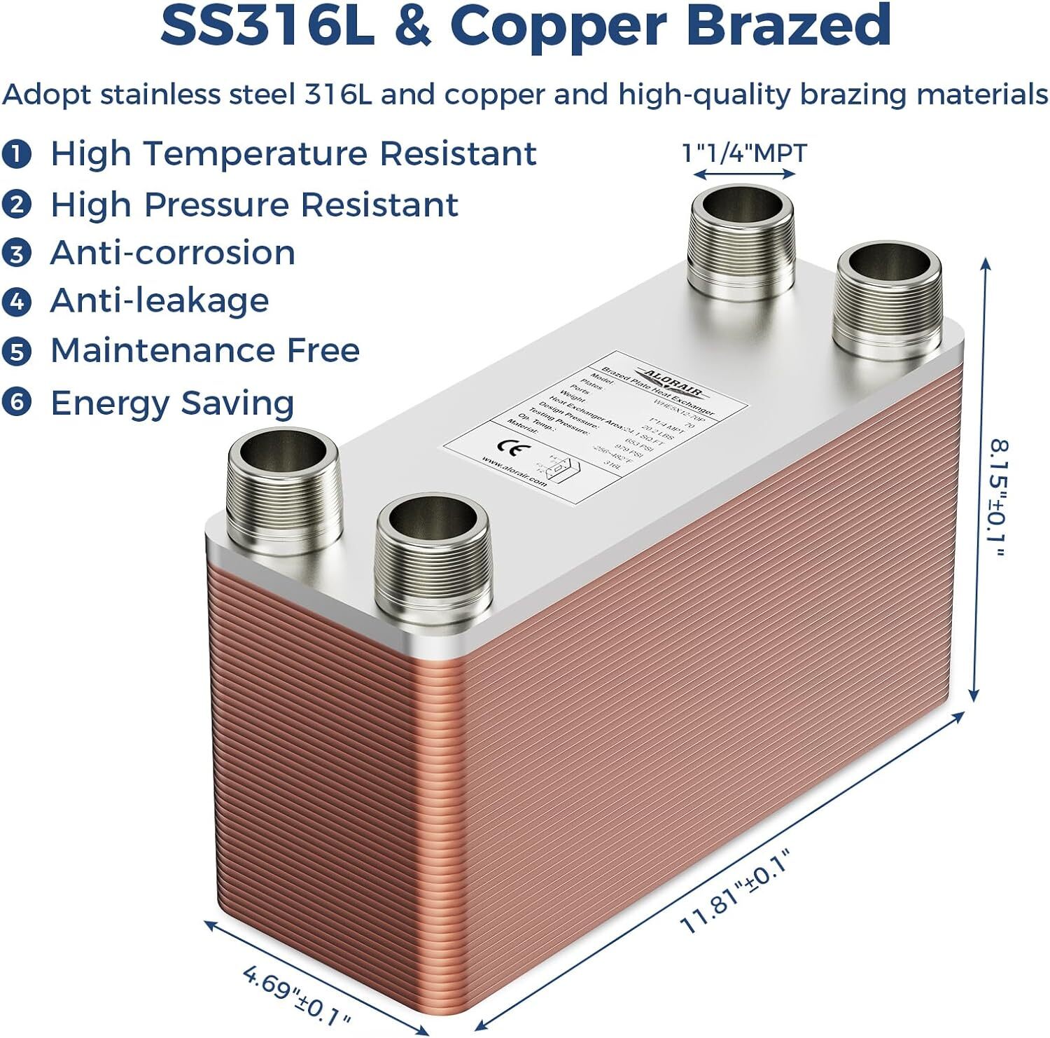 ALORAIR 70 Plates Heat Exchanger with 1-1/4" MPT Port 5"x12" for Floor Heating