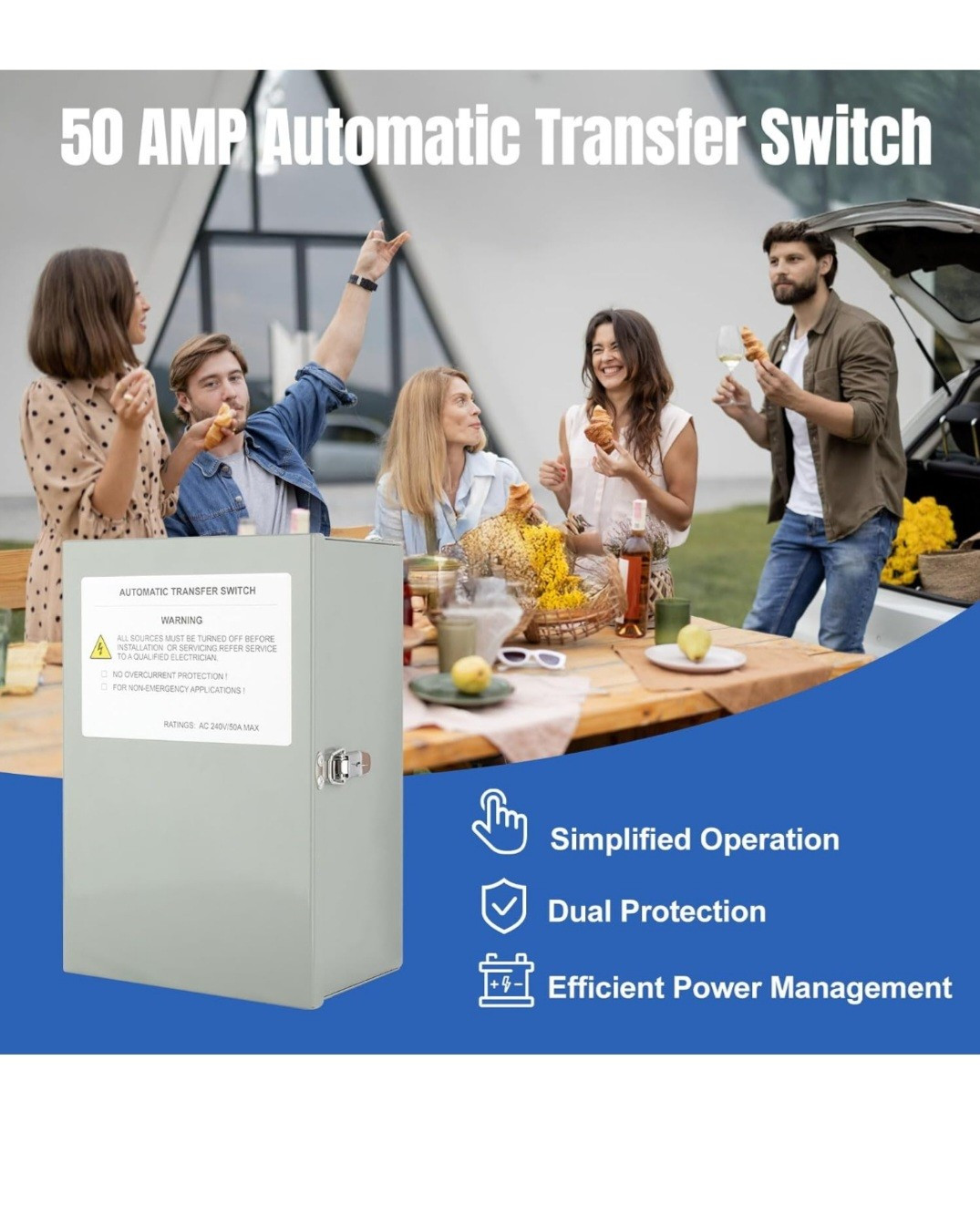 50 Amp RV Automatic Transfer Switch, 120/240 VAC Safety Power Monitoring Switch