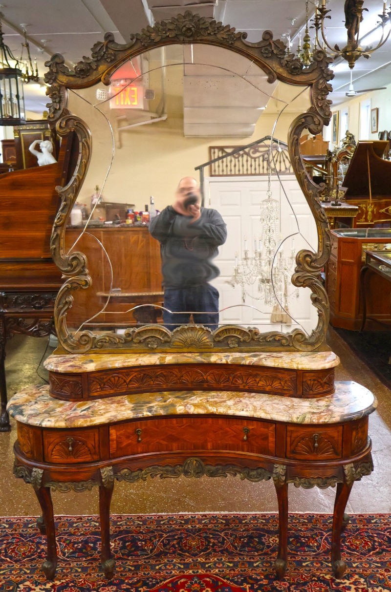 French Louis XV Style Inlaid Walnut Marble Top Etched Mirror Vanity Circa 1920's