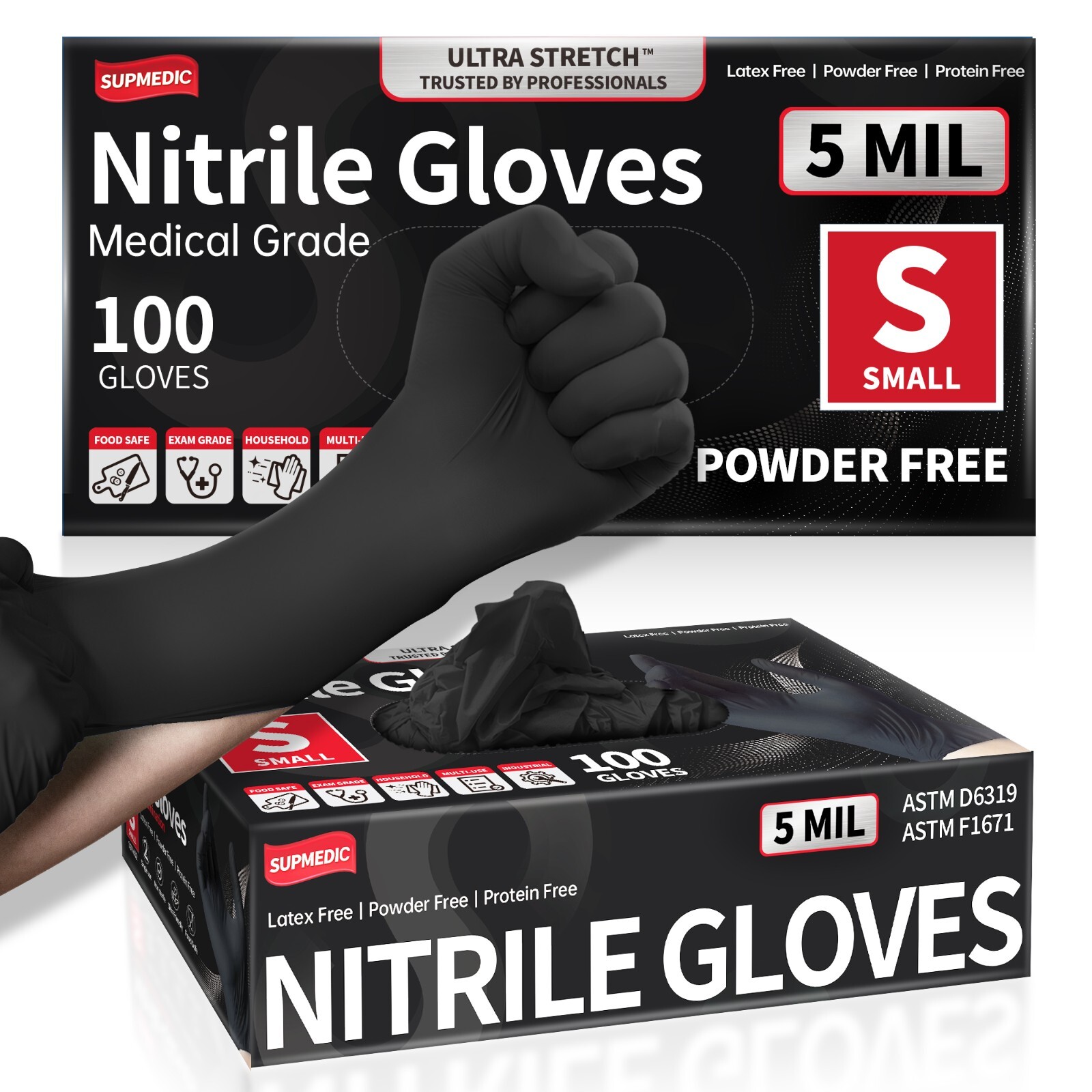 Disposable Nitrile Exam Gloves, 5 Mil Black, Powder-Free Heavy Duty Clean Glove