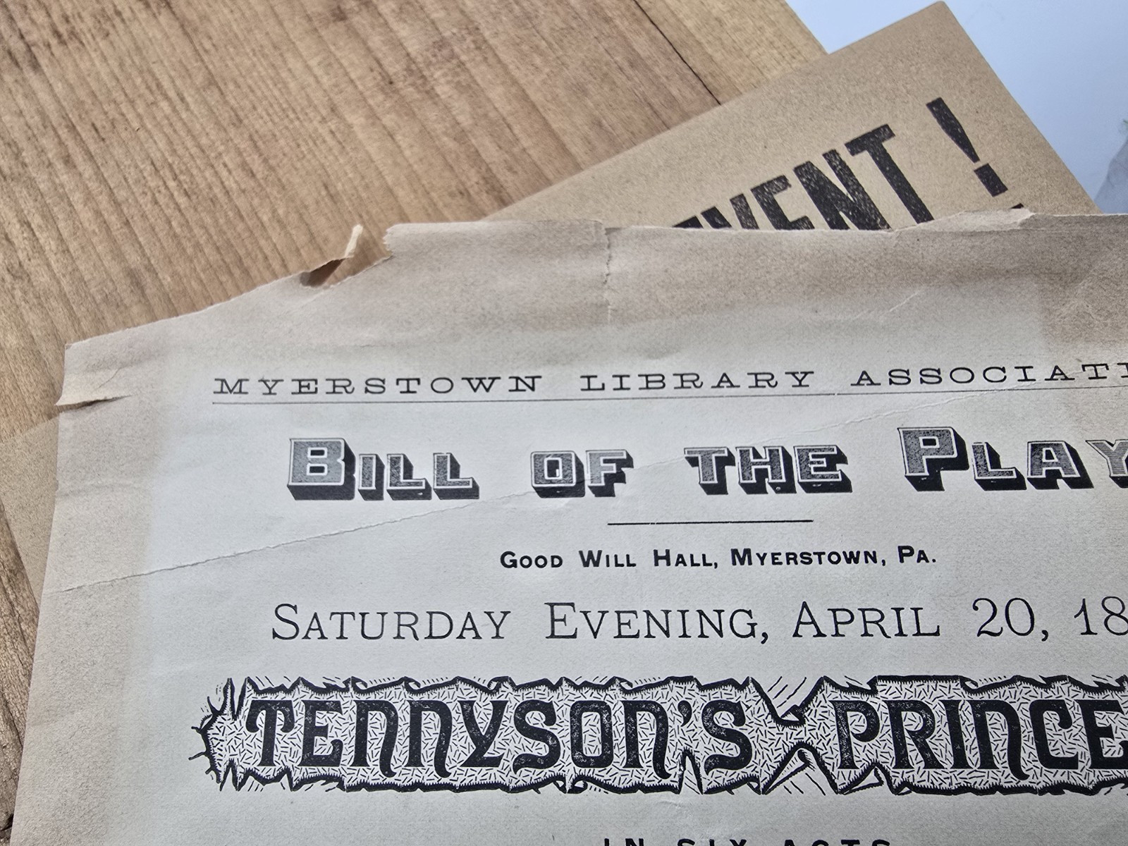 3 antique flyer Playbill 1895 1896 Myerstown PA Good Will Hall Lebanon Tennyson