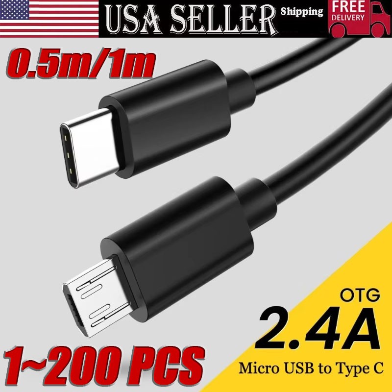 USB Type C to Micro 5V/2.4A Data & Sync Transfer OTG charging cable - Black LOT