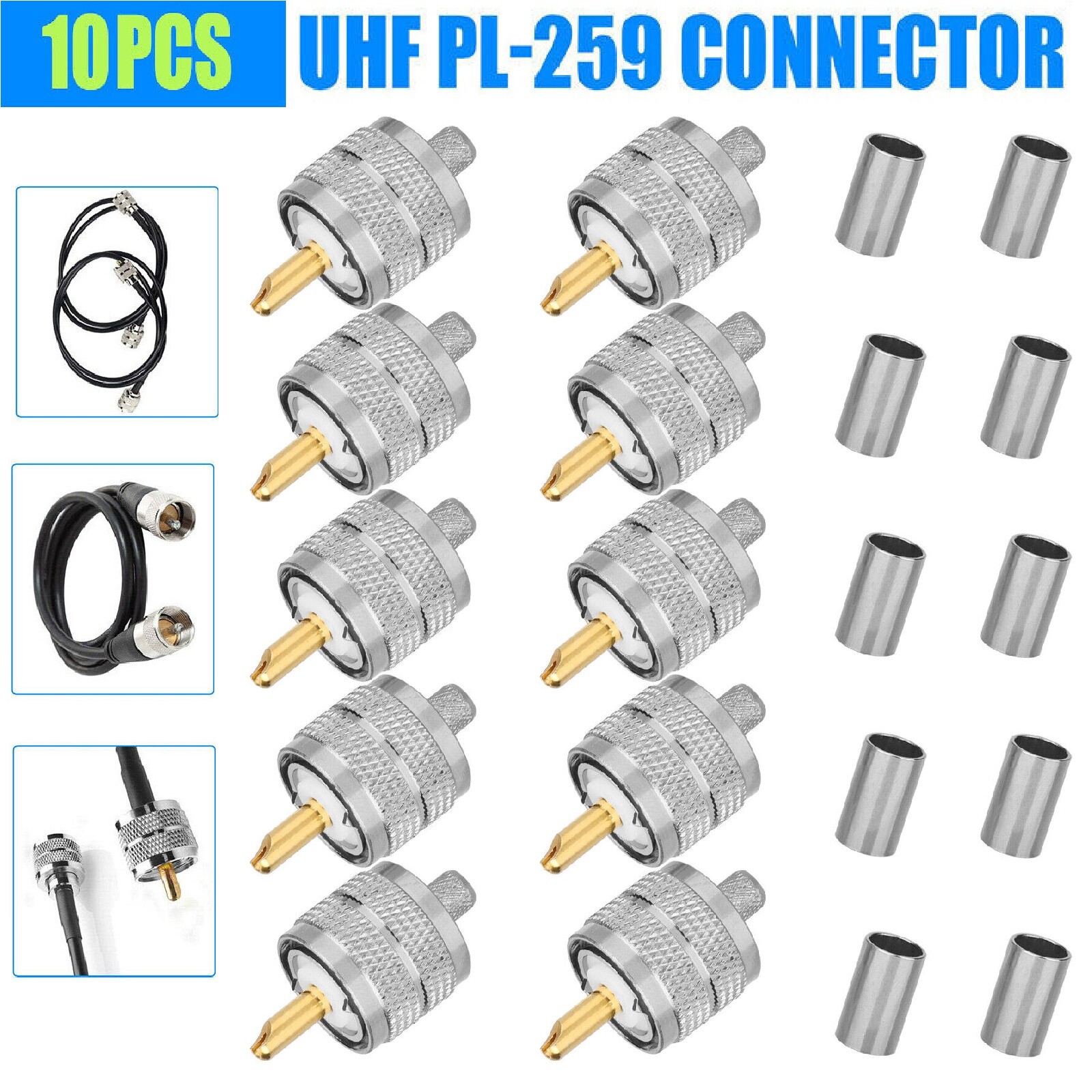 10x UHF PL-259 Male Plug Crimp-Type Connectors for RG8X LMR240 Coax Wire Adapter