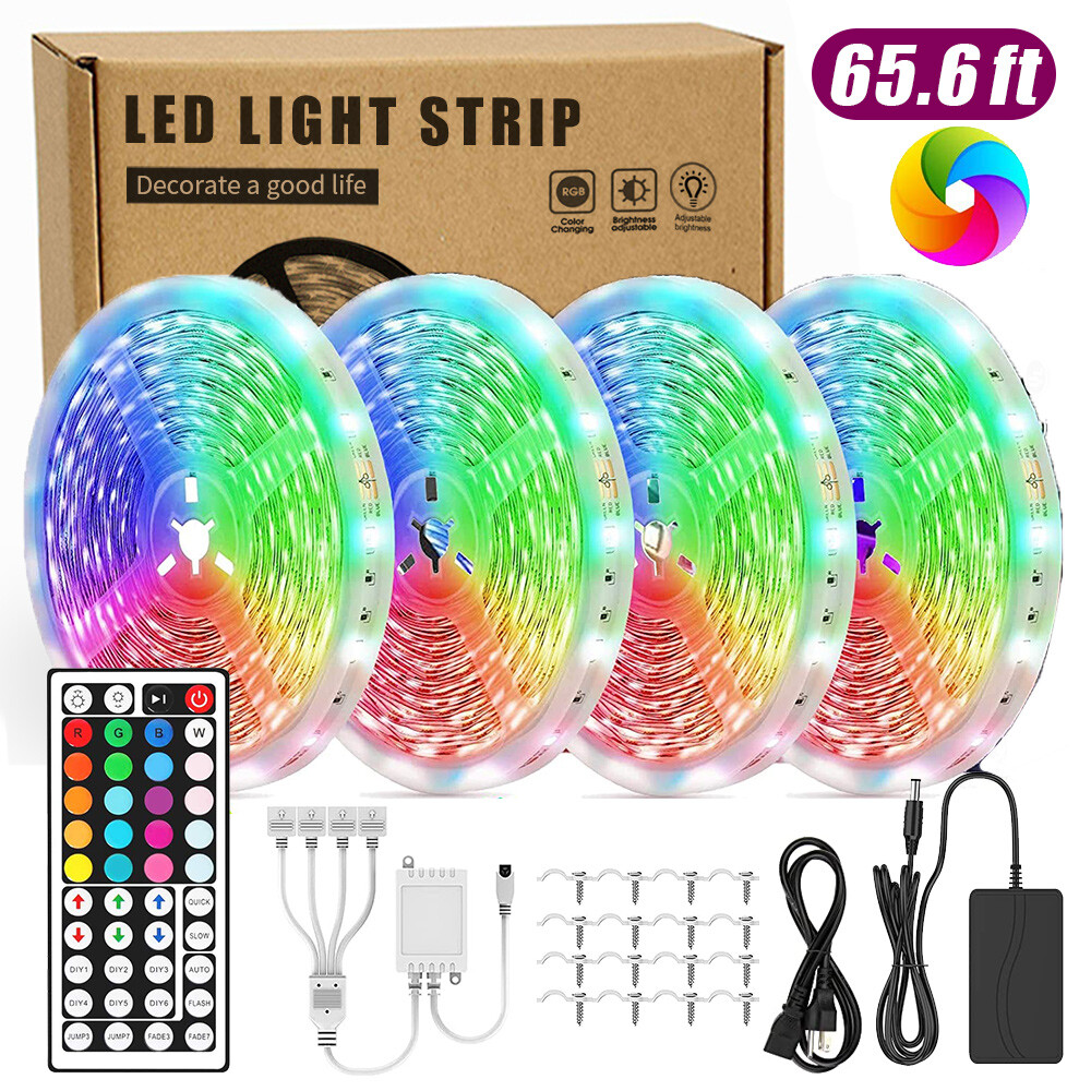 65.6FT RGB Led Strip Lights Waterproof Flexible with 44 Keys Remote 12V US Power