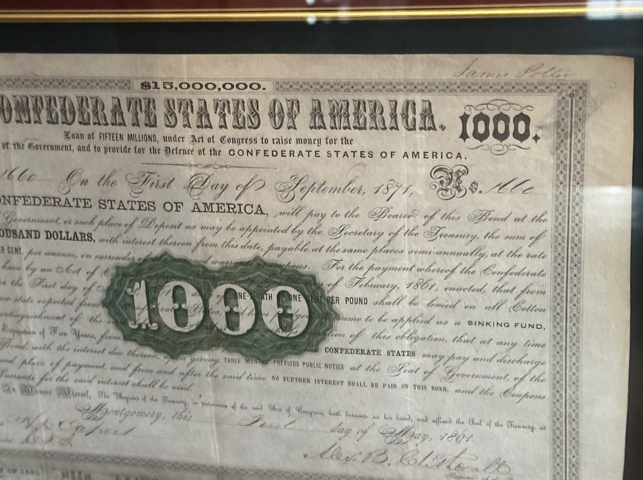 Framed CSA Confederate States of America $1000 Civil War Loan Bonds, 1861