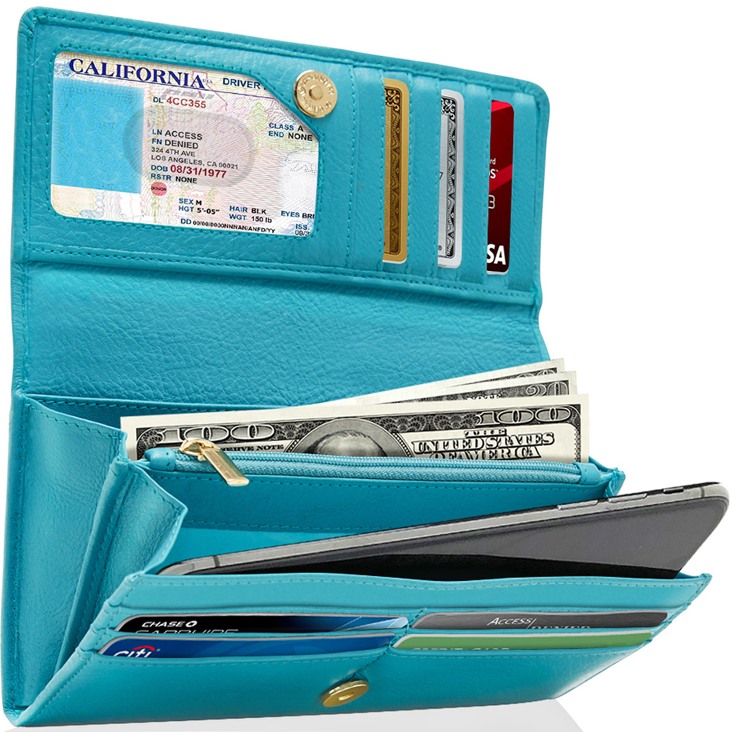 Leather Womens Wallet Ladies Clutch With Removable Checkbook Cover RFID Blocking