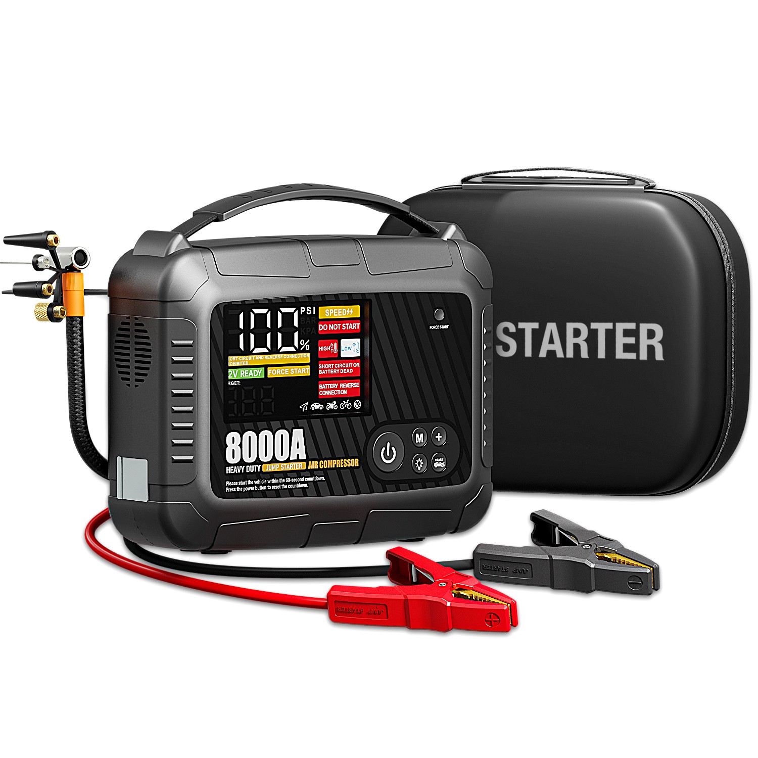 Truck Heavy Duty 8000A Jump Starter with Air Compressor Power Bank Battery Safe