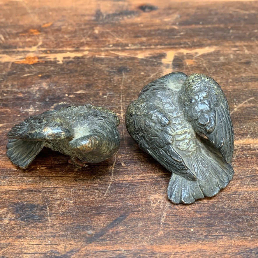 2 Lot Antique Vienna Austrian Cold Painted Bronze Pigeon Bird Figurine Preening