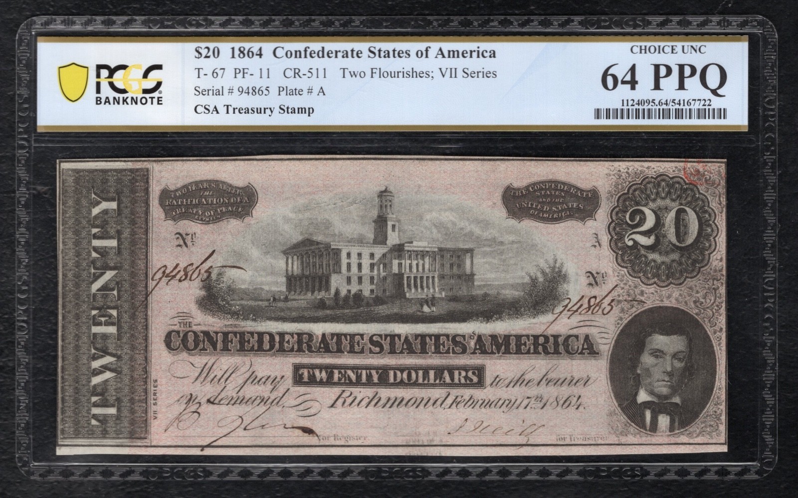 T-67 1864 $20 CSA CONFEDERATE STATES OF AMERICA PCGS BANKNOTE CHOICE UNC-64PPQ
